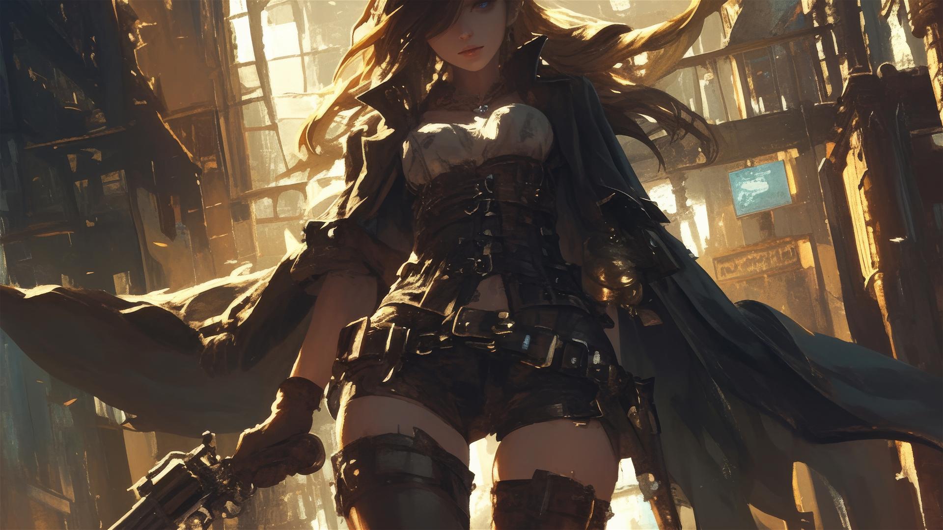 Steampunk Adventurer Girl in dynamic pose with thigh focus and spotlight effect on dark background