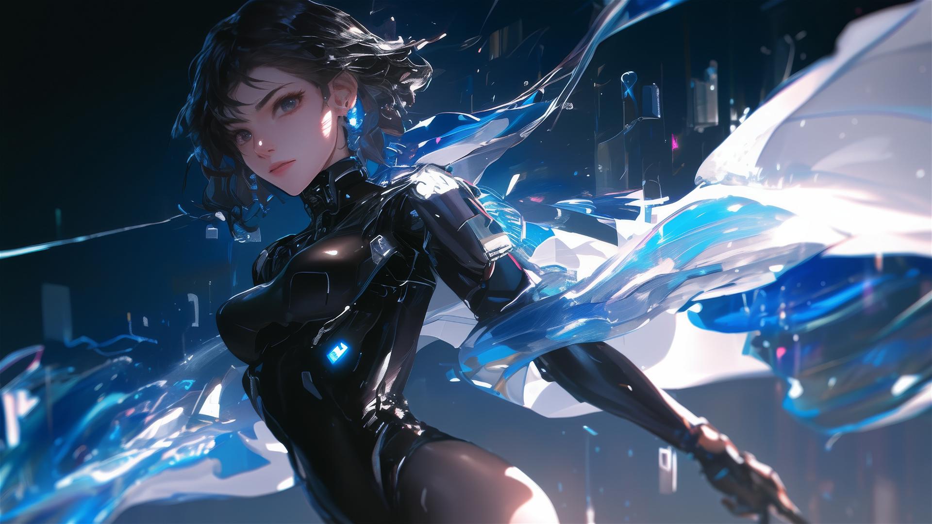 Cybernetic Agent Girl with thigh focus in a dynamic pose on a dark background with spotlight effect