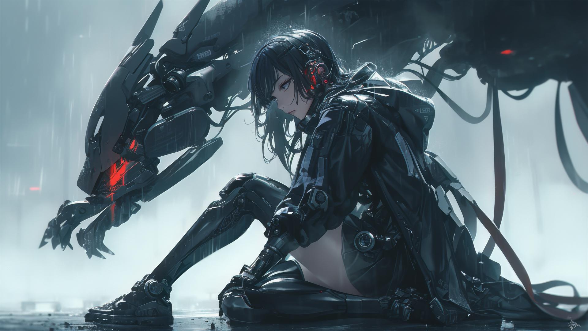 Cybernetic Agent Girl in dynamic pose with thigh focus on dark background