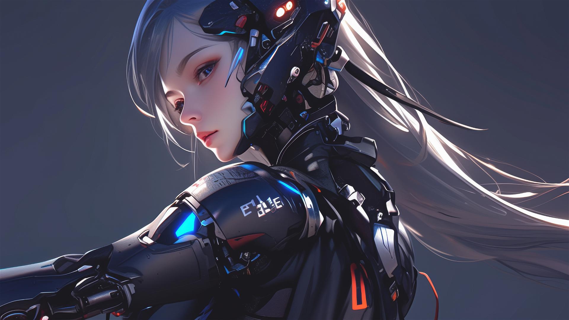 Cybernetic Agent Girl in dynamic pose with thigh focus on dark background