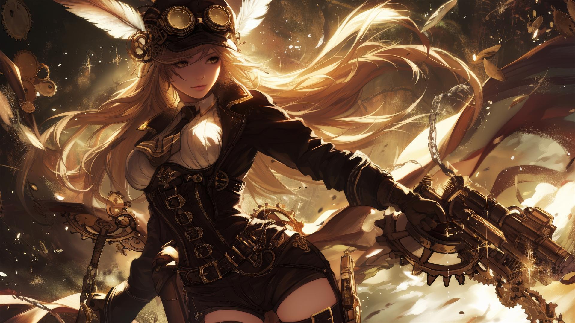 Steampunk Adventurer Girl in dynamic pose with thigh focus on dark background