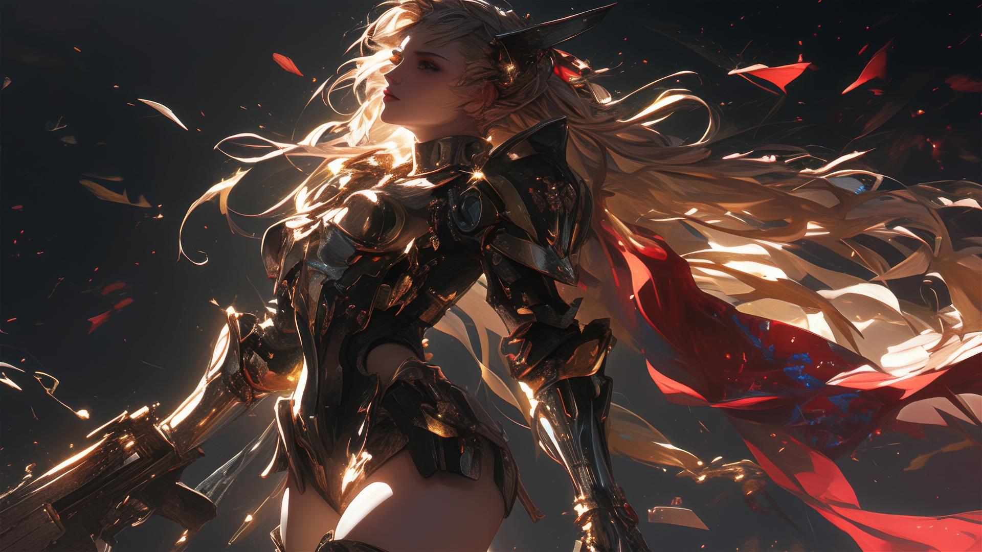 Space Marine Girl in dynamic pose with thigh focus on dark background