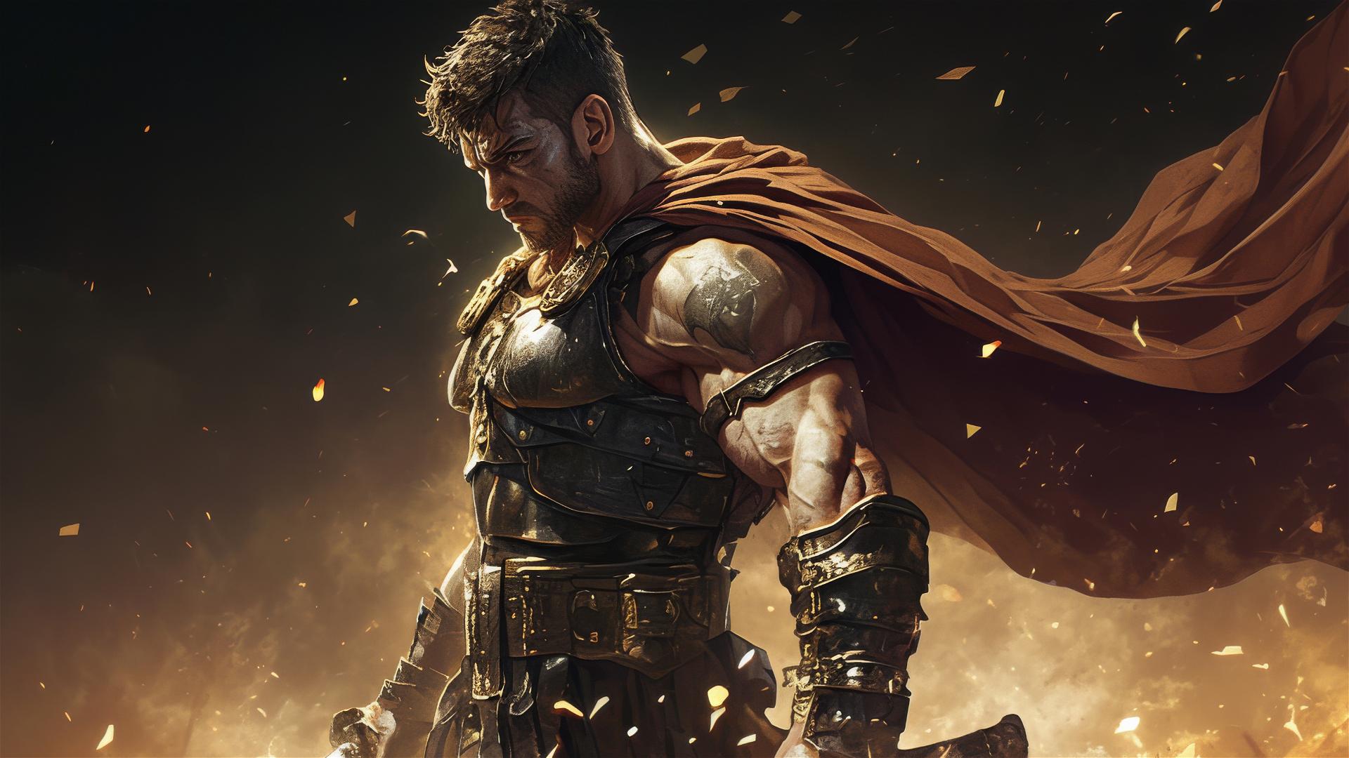 Handsome Gladiator Warrior in Dynamic Pose with Spotlight