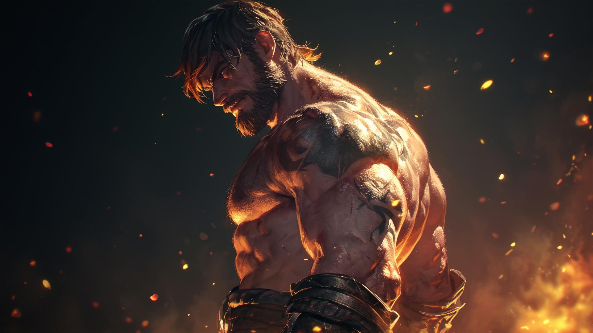 Handsome gladiator warrior in spotlight with thigh focus on dark background
