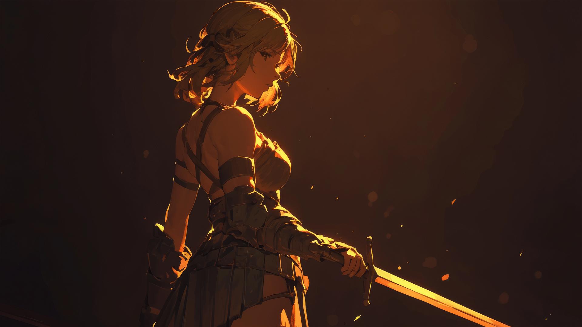 Gladiator warrior girl with thigh focus on a dark background with spotlight effect