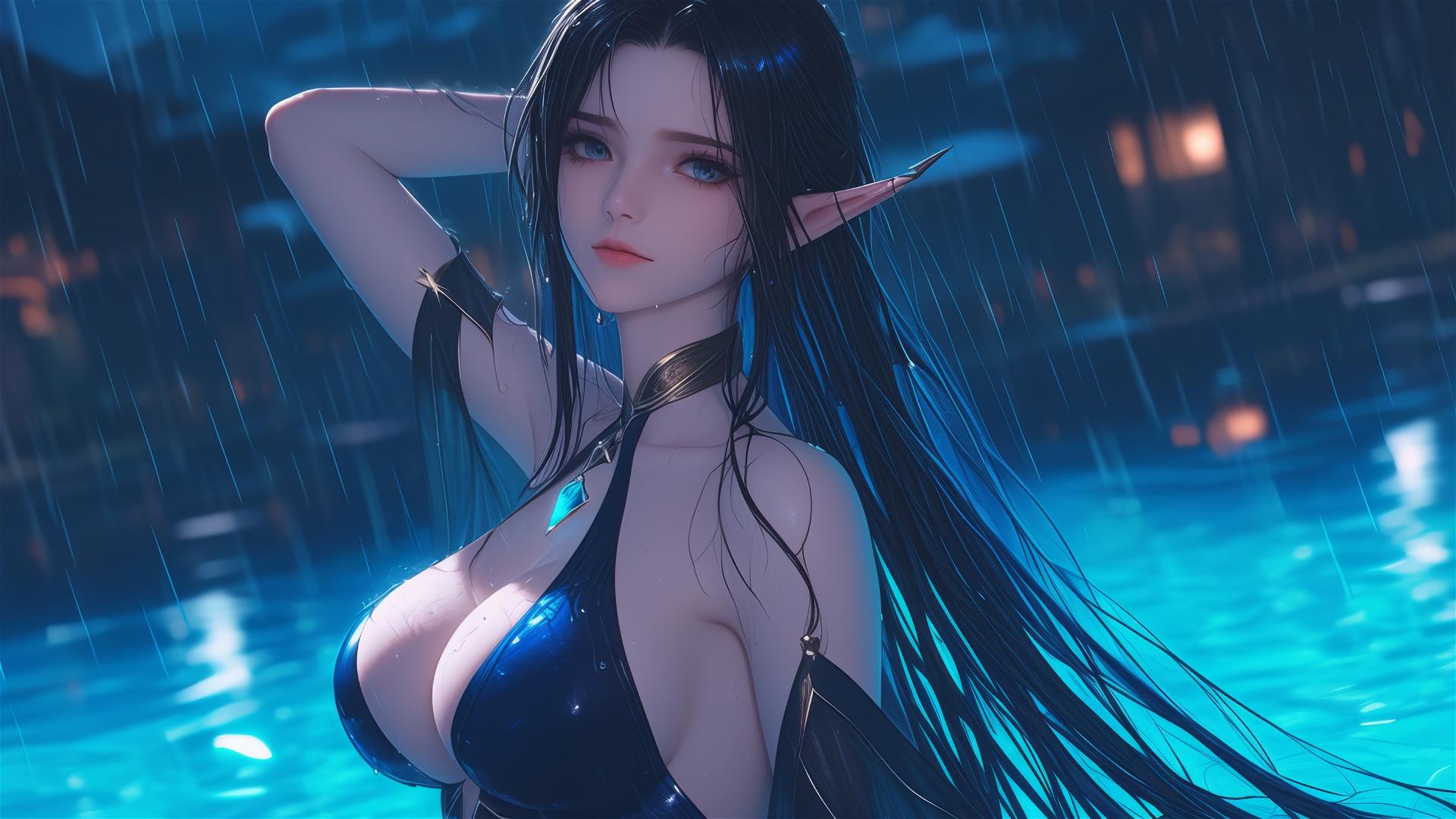 Fantasy Elf girl resting by pool with moonlit glow