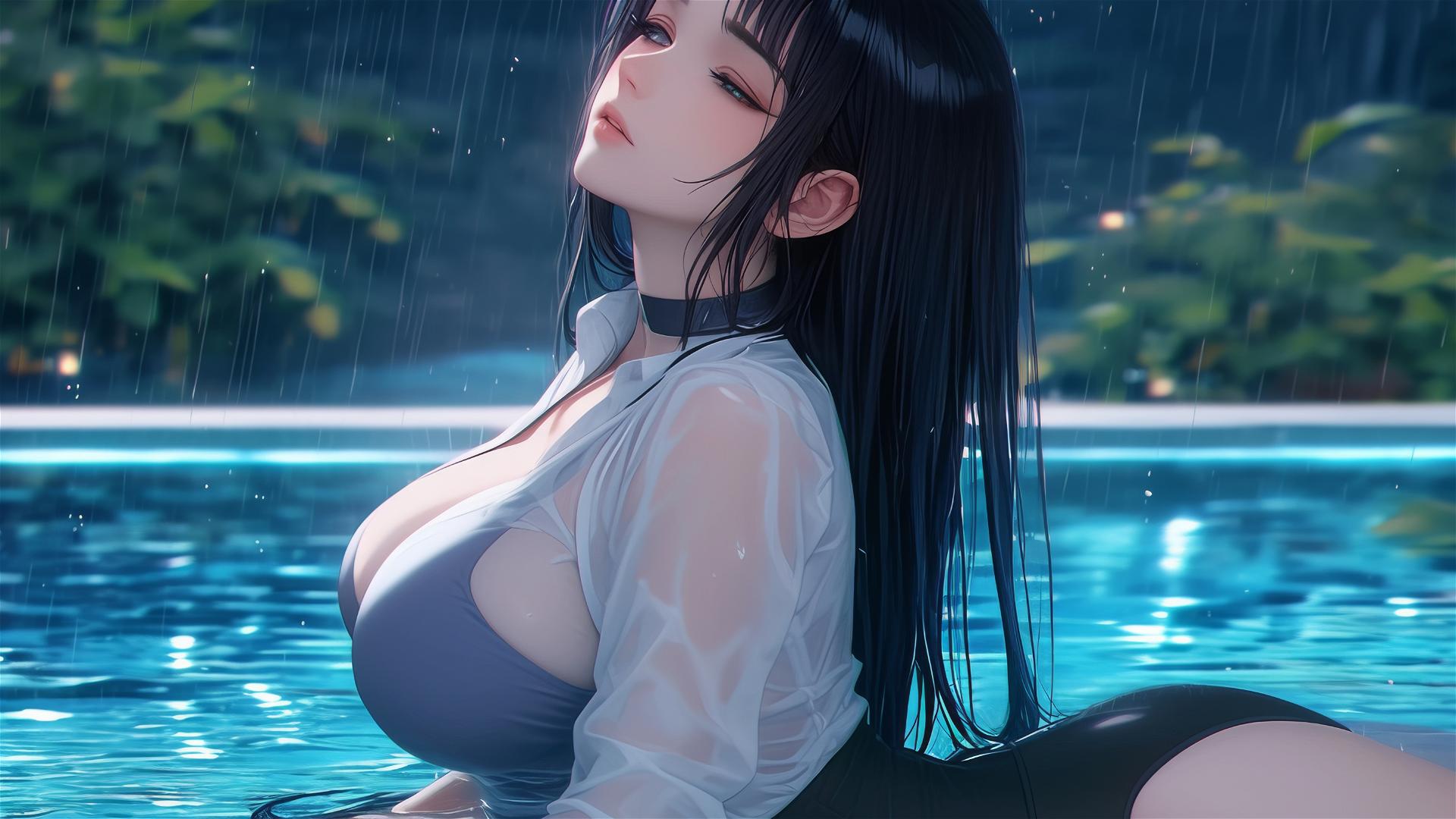 Hinata Hyuga resting by a moonlit pool in the rain