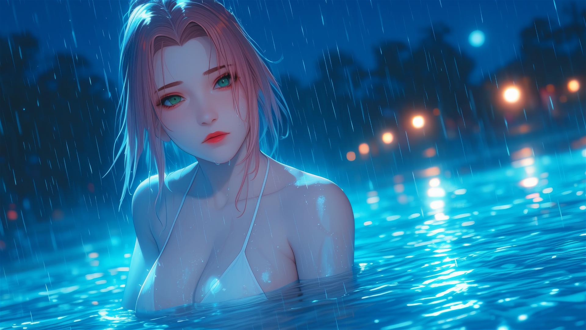Haruno Sakura from Naruto standing in a rainy pool under moonlight
