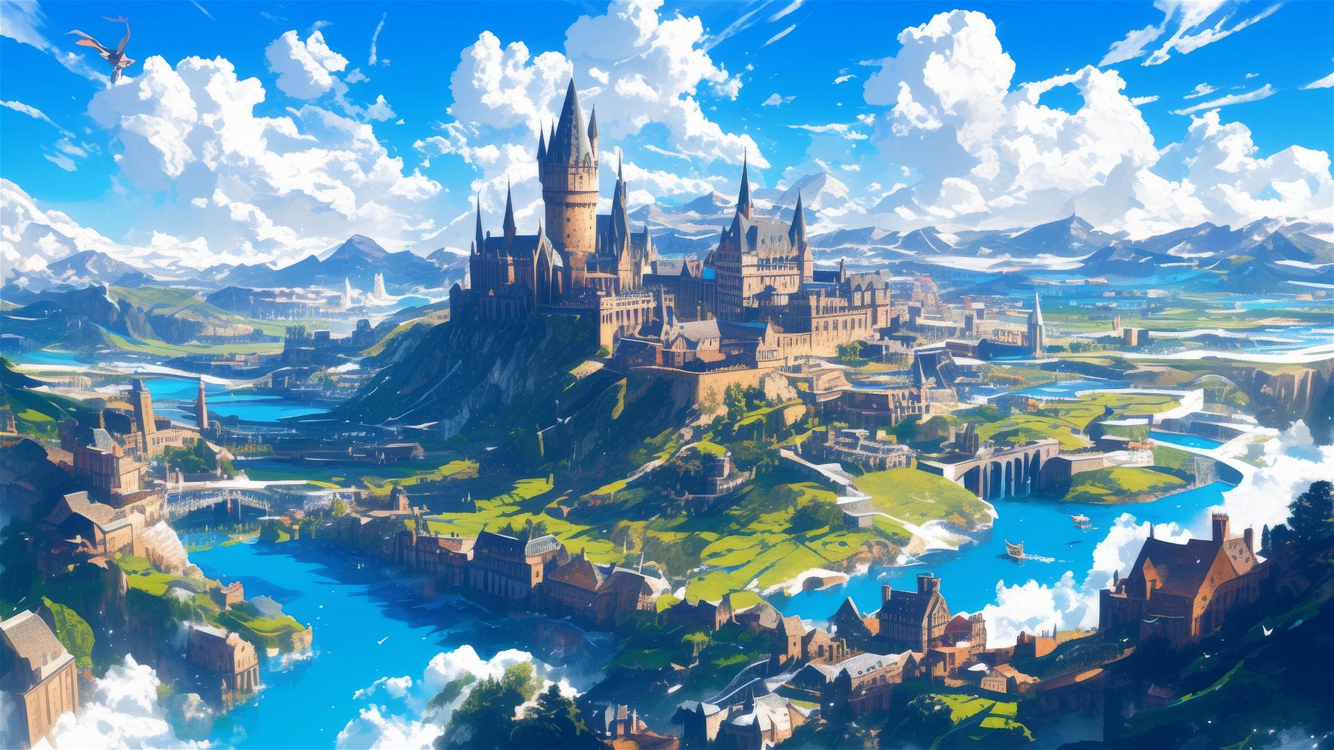 Aerial view illustration of Hogwarts