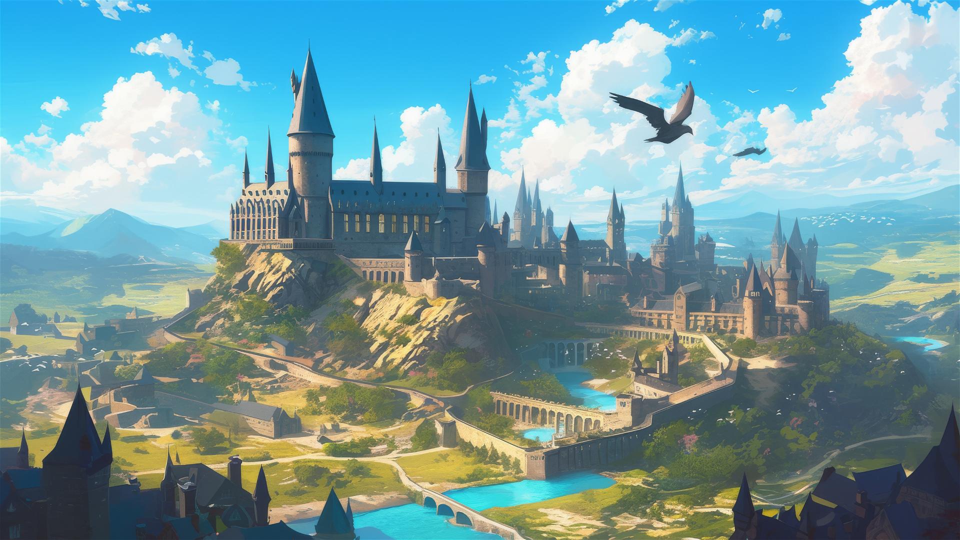 Aerial view drawing of Hogwarts from Harry Potter