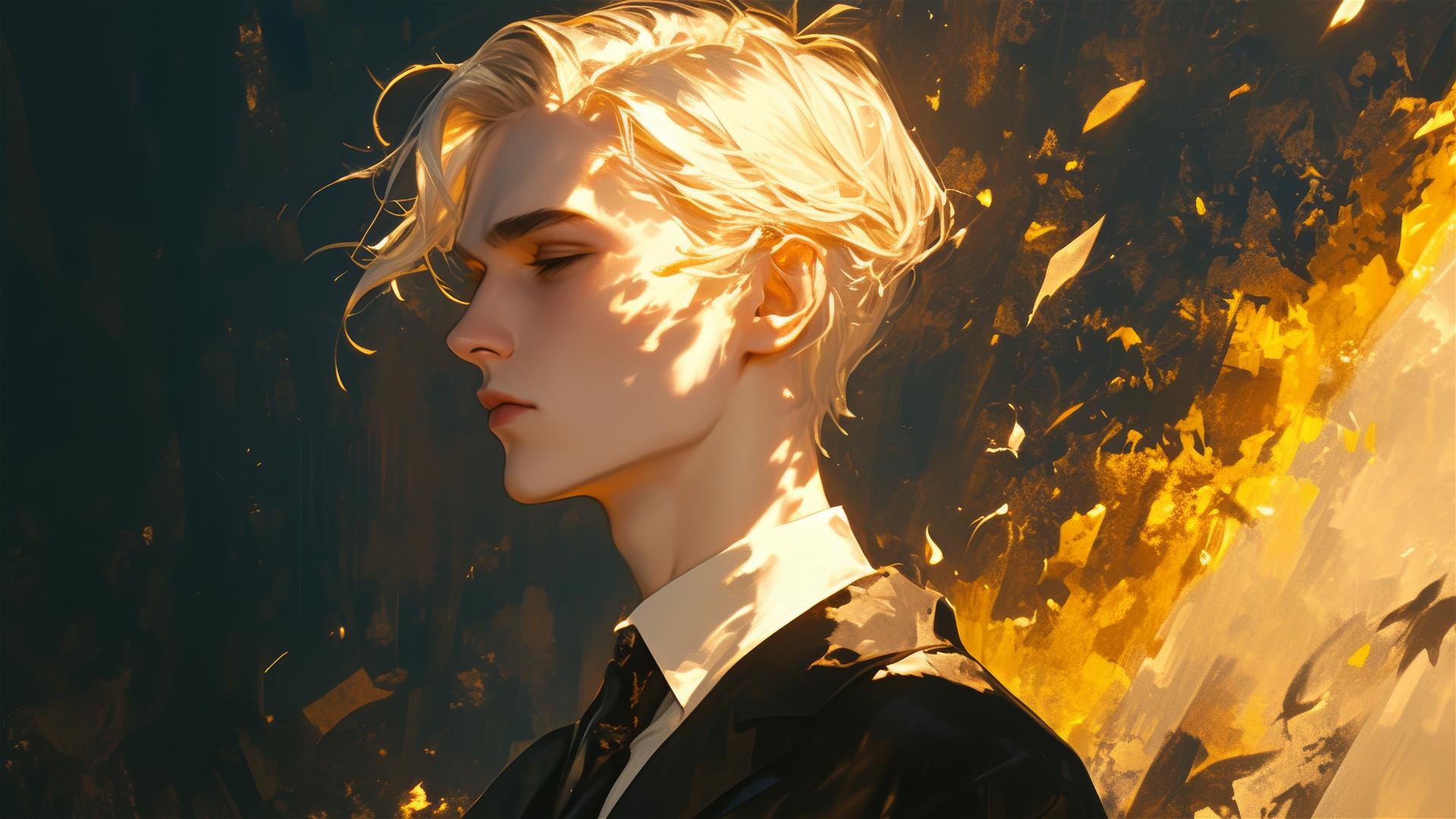 Artistic illustration of Draco Malfoy with golden hair on a dark background with spotlight effect.
