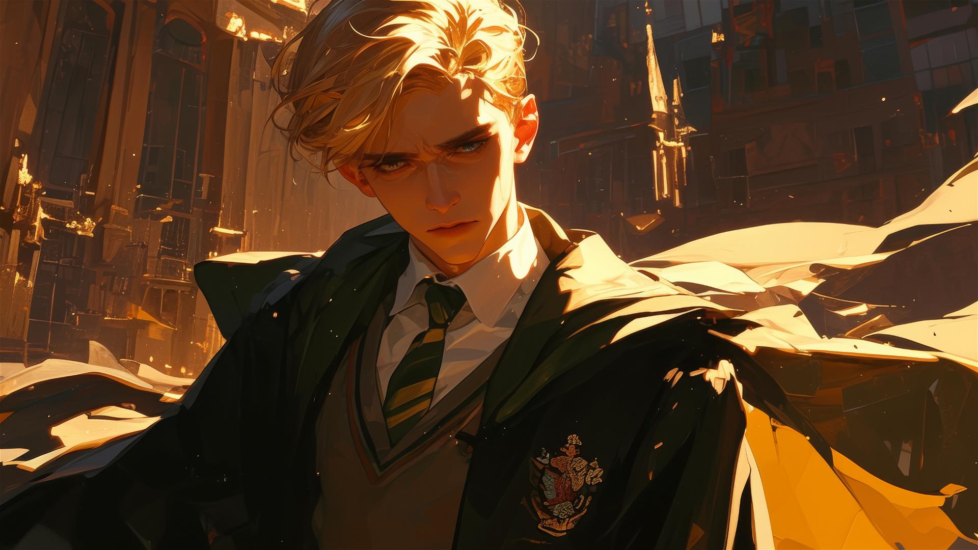 Artistic illustration of Draco Malfoy with golden hair and spotlight effect on dark background