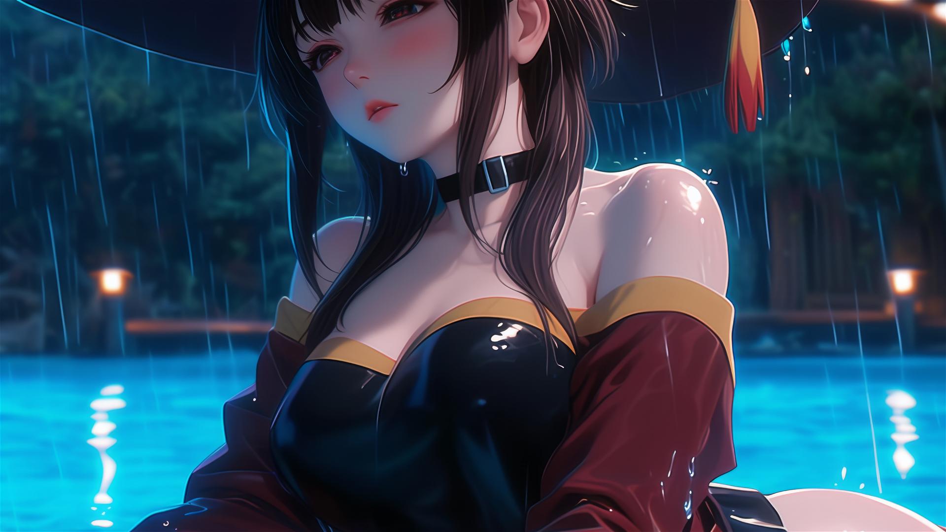 Megumin from KonoSuba resting by pool under moonlight in rain