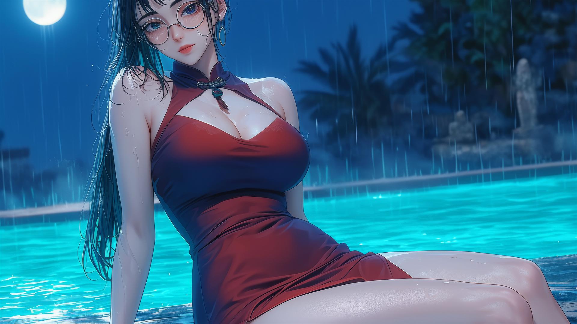 Maki Zenin from Jujutsu Kaisen resting by pool, moonlit, rainy with red dress and glasses