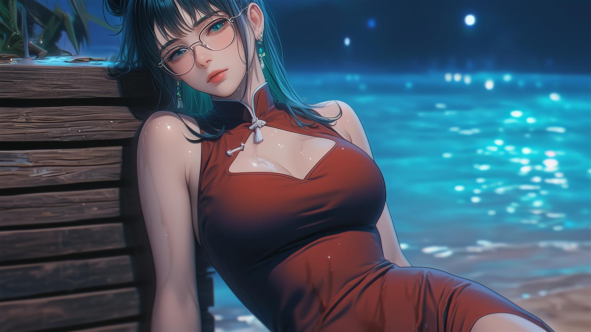 Maki Zenin from Jujutsu Kaisen resting by poolside under moonlight in red dress with eyeglasses