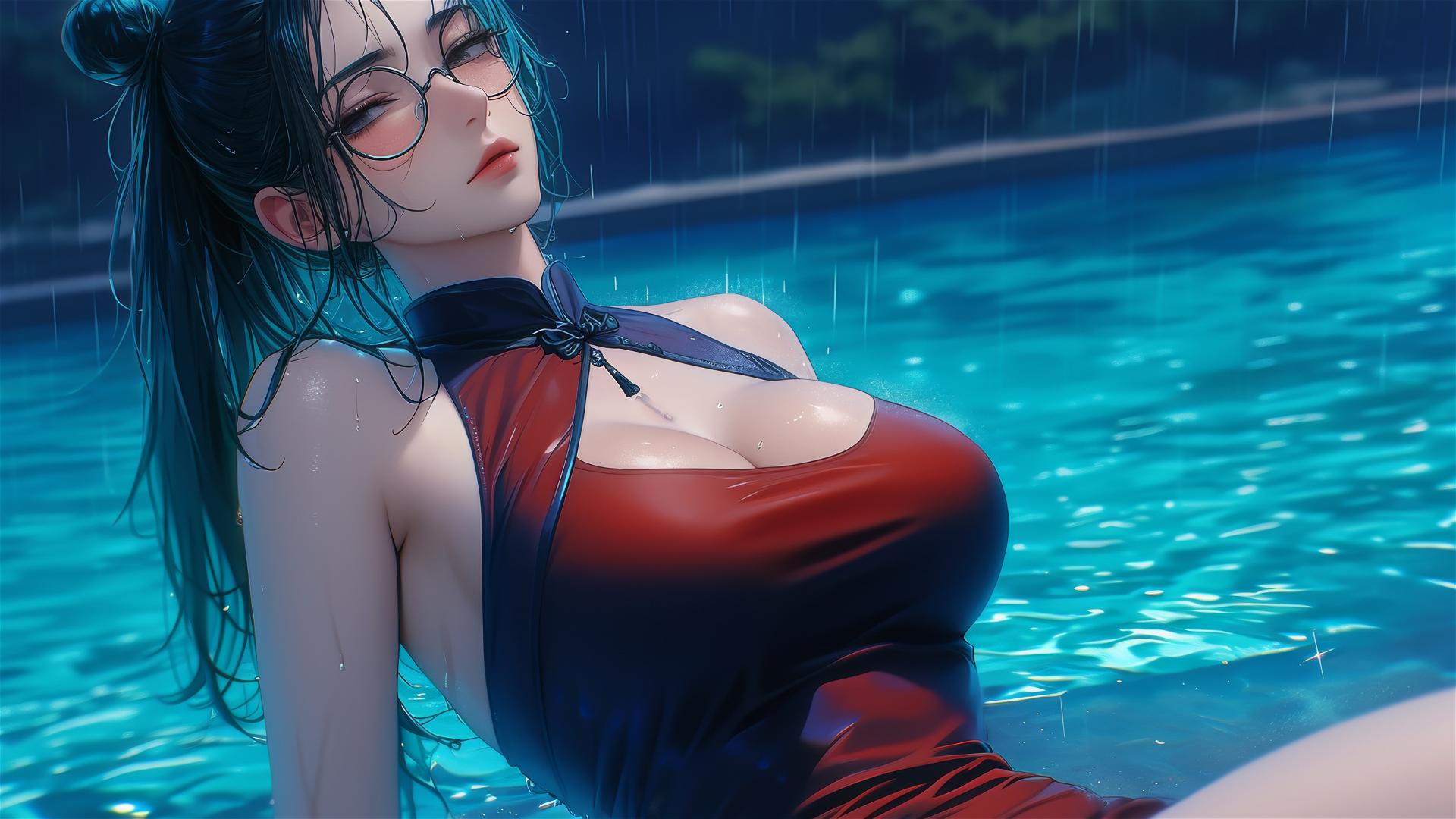 Maki Zenin from Jujutsu Kaisen resting by pool under moonlight in rain with glasses and red dress