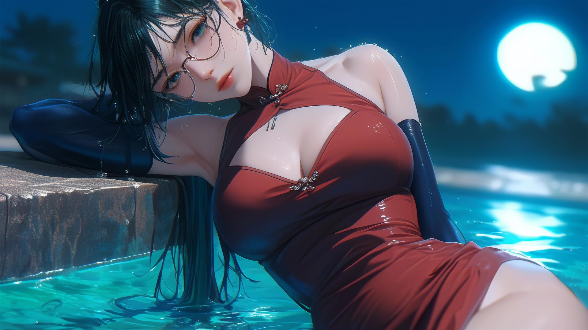 Maki Zenin from Jujutsu Kaisen resting by pool with moonlit glow, rainy scene