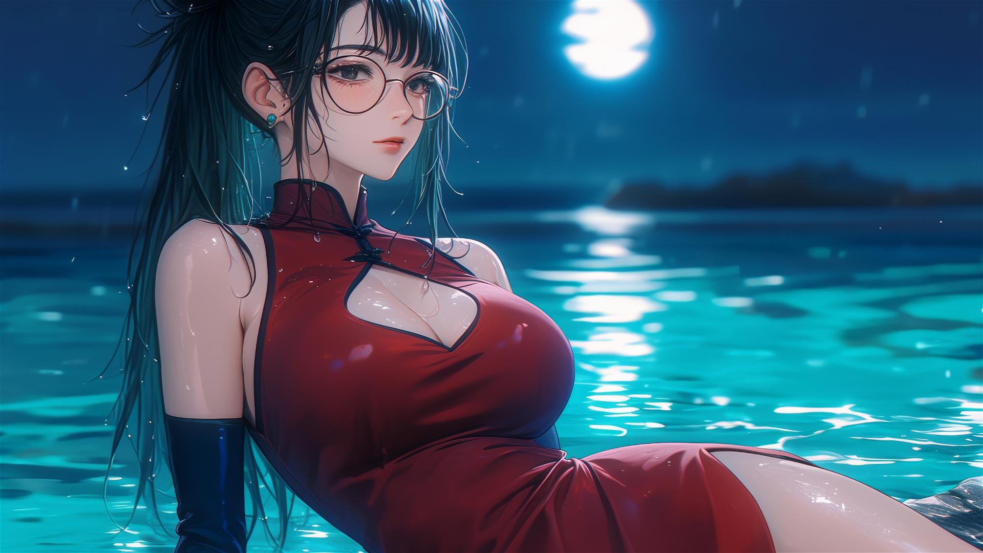 Maki Zenin from Jujutsu Kaisen by the pool at night, soft moonlight glow, rainy setting, with glasses and red dress