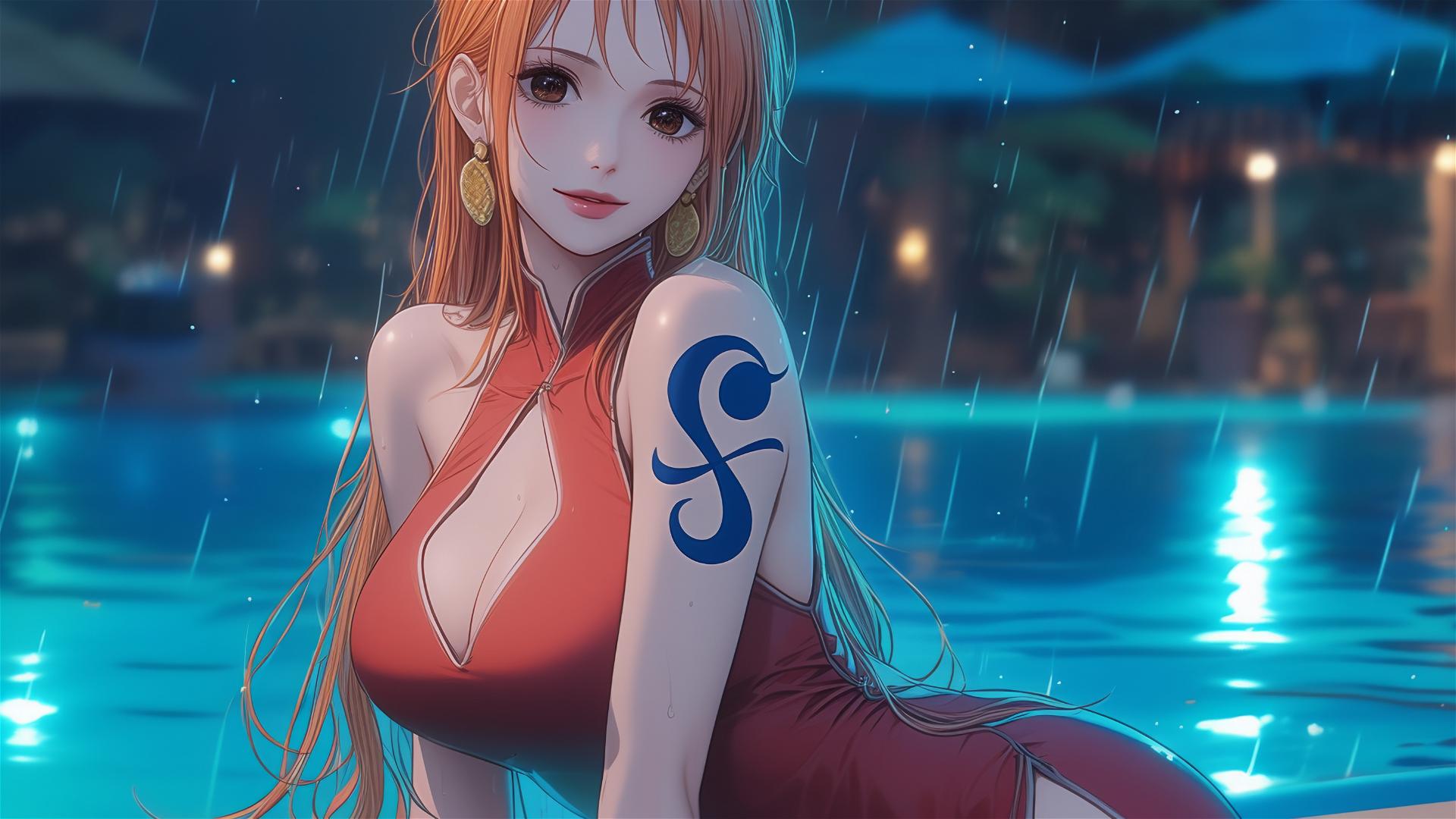 Nami from One Piece resting by pool in moonlight, rainy scene