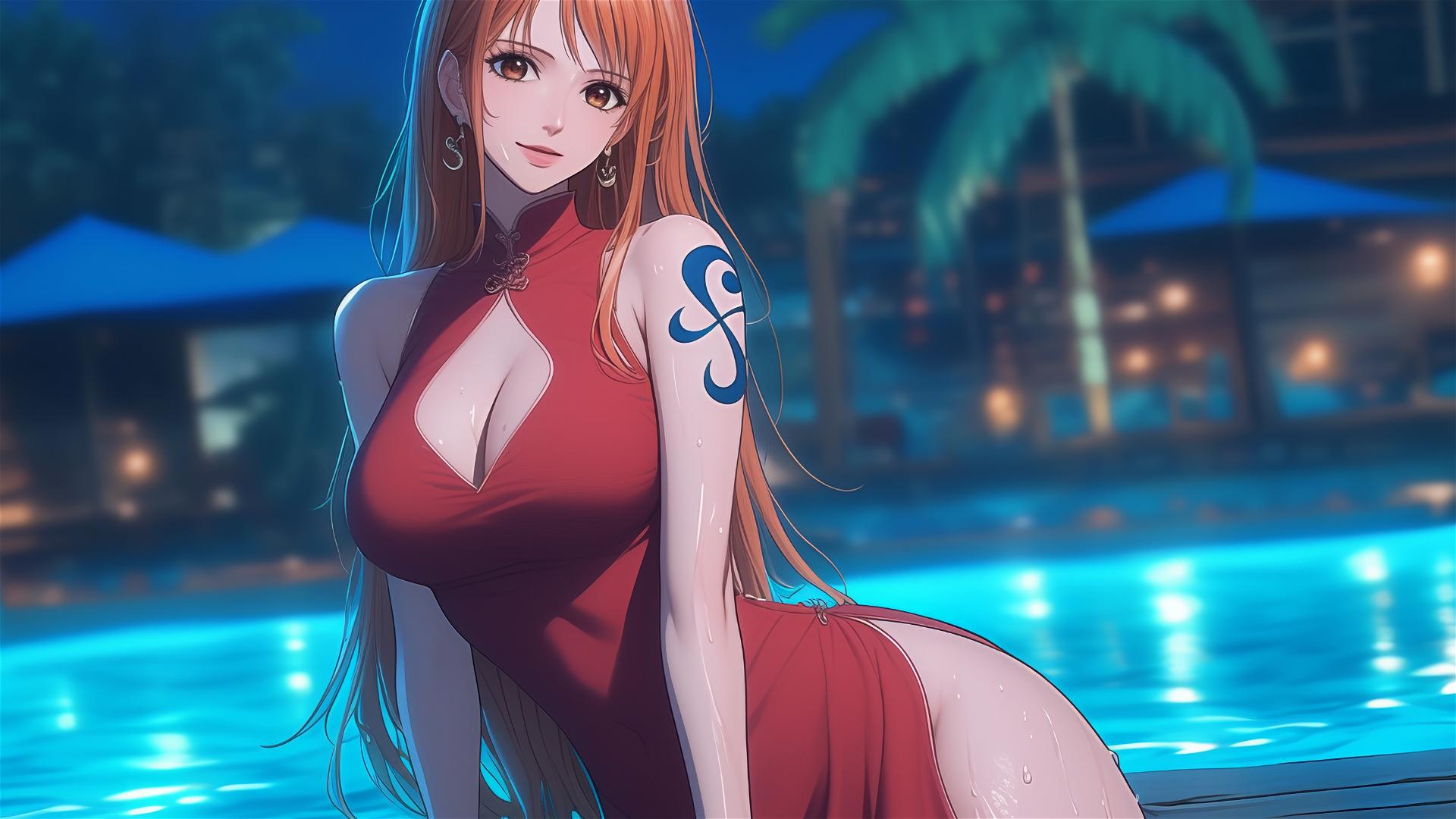 Nami from One Piece resting by the pool in moonlight with rain, orange hair, brown eyes, red dress
