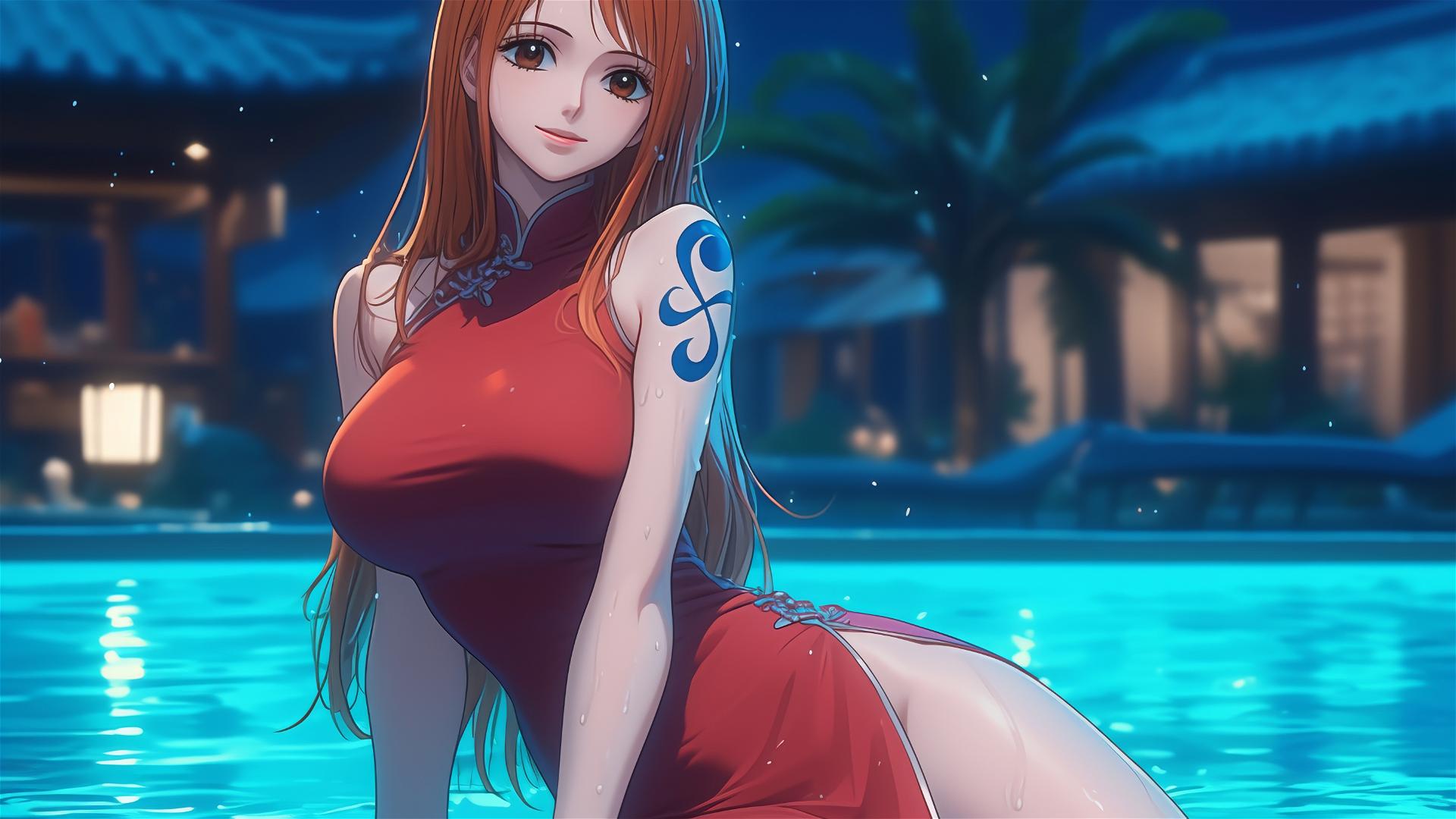 Nami from One Piece resting by a pool under moonlight with orange hair and red dress in the rain