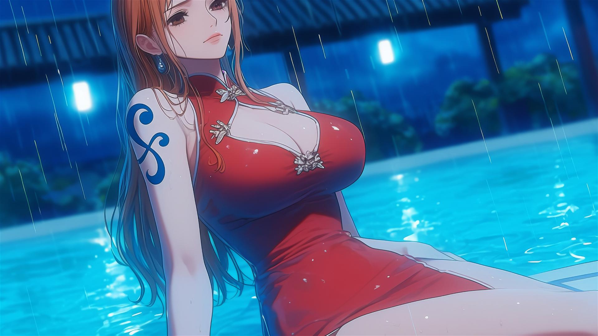 Nami from One Piece, resting by pool under moonlight, rain, in red dress.