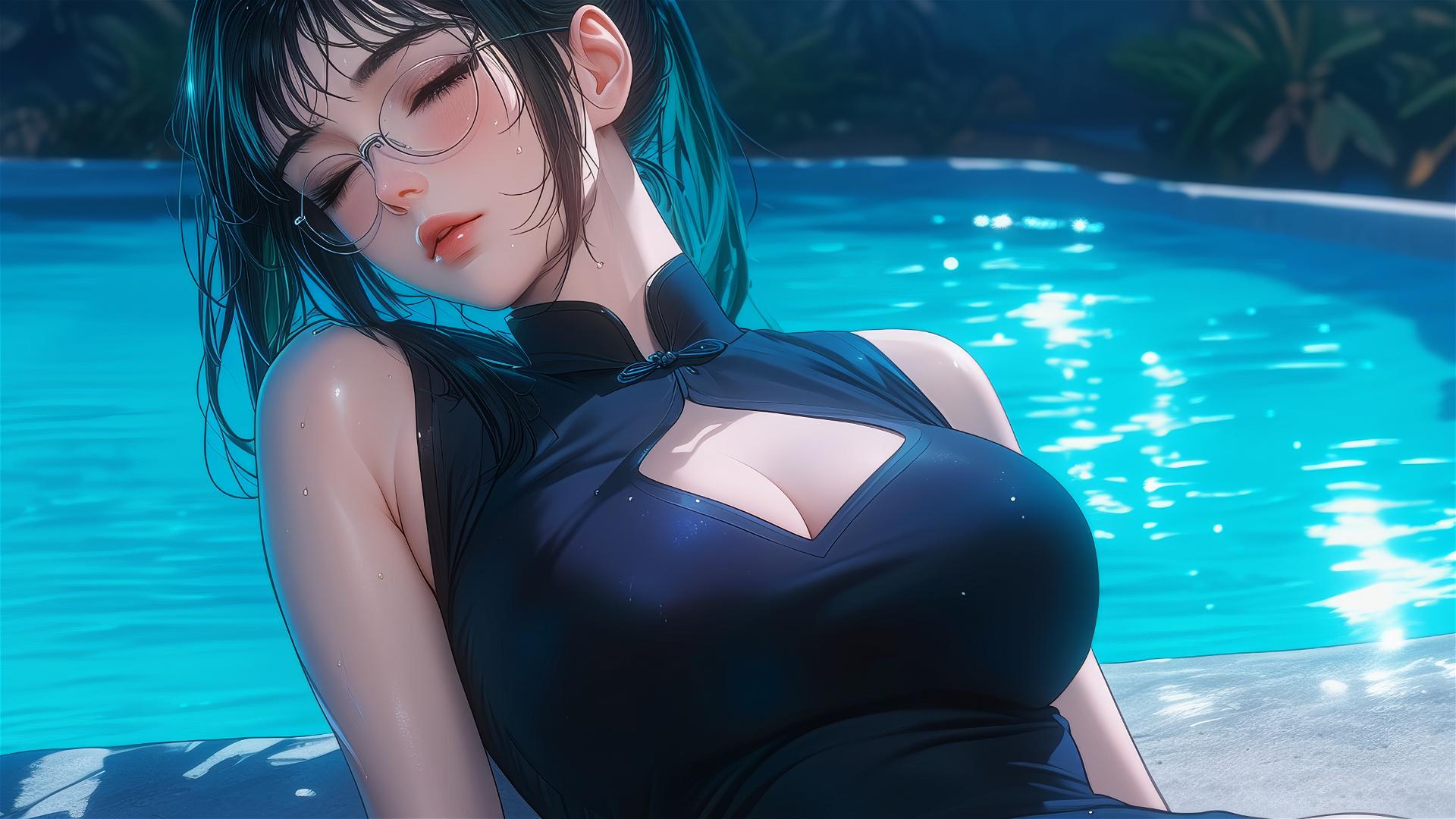 Maki Zenin from Jujutsu Kaisen resting by pool in moonlight, rainy scene with eyeglasses