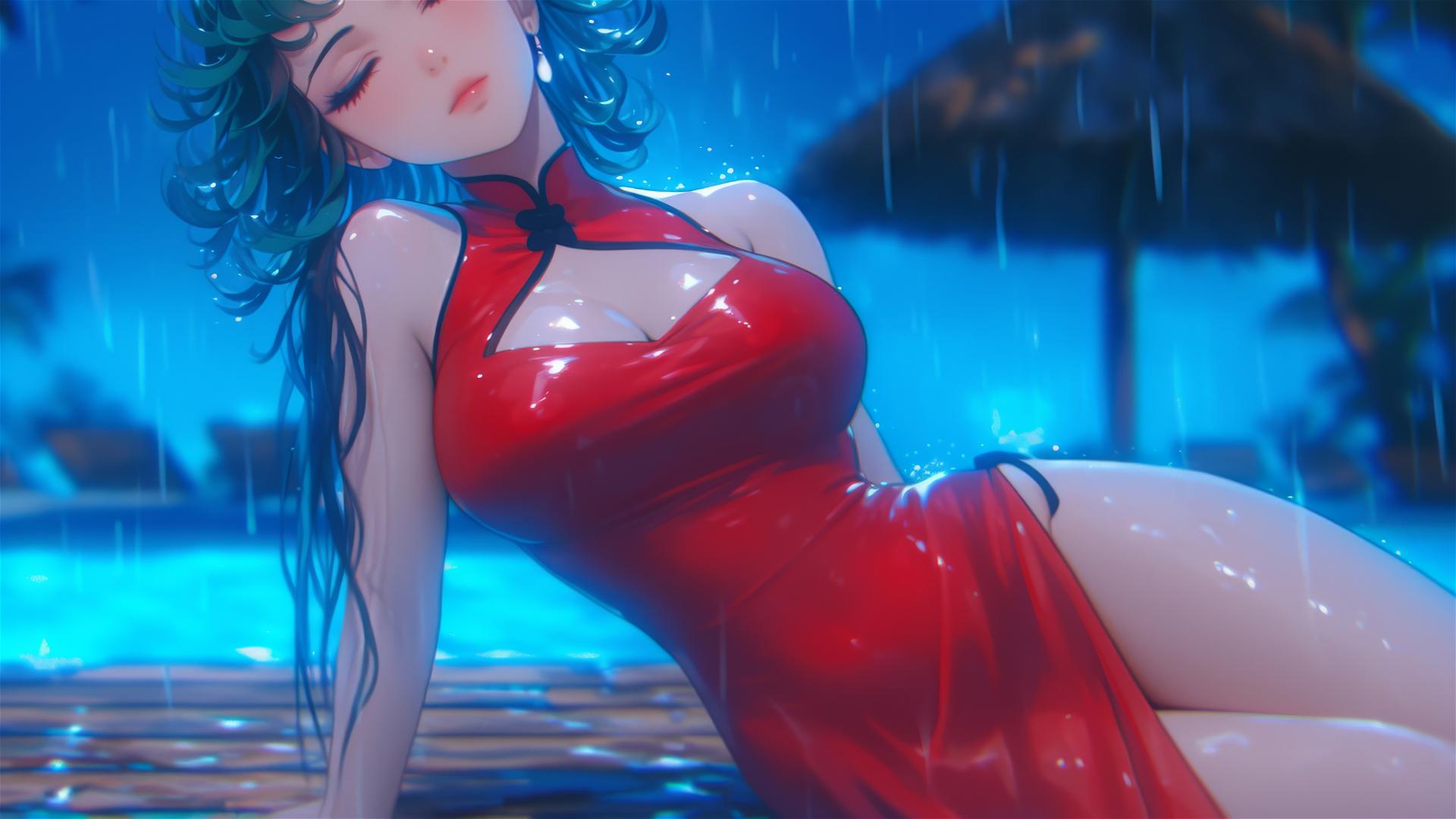 Tatsumaki from One-Punch Man resting by pool with moonlight glow, rain