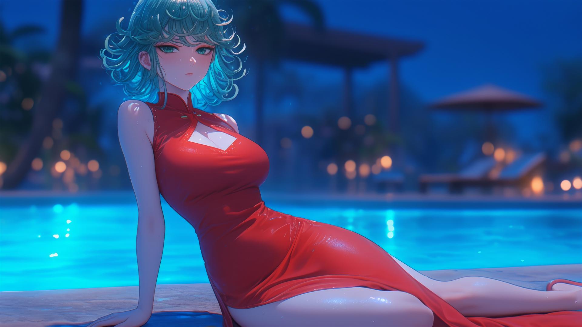 Tatsumaki relaxes by pool under moonlight in red dress, rainy ambiance