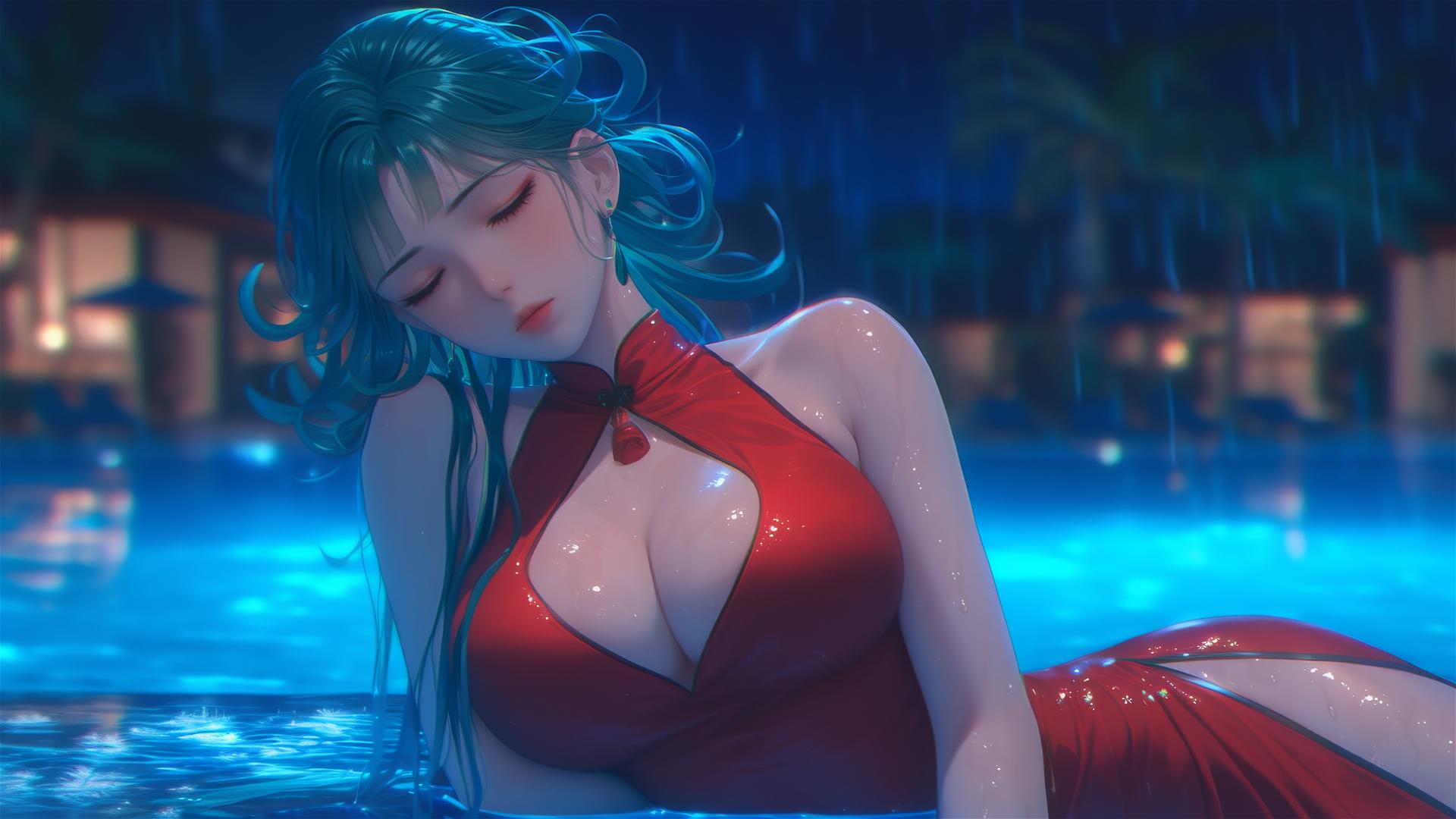 Tatsumaki from One-Punch Man resting by pool under moonlight, rain, red dress