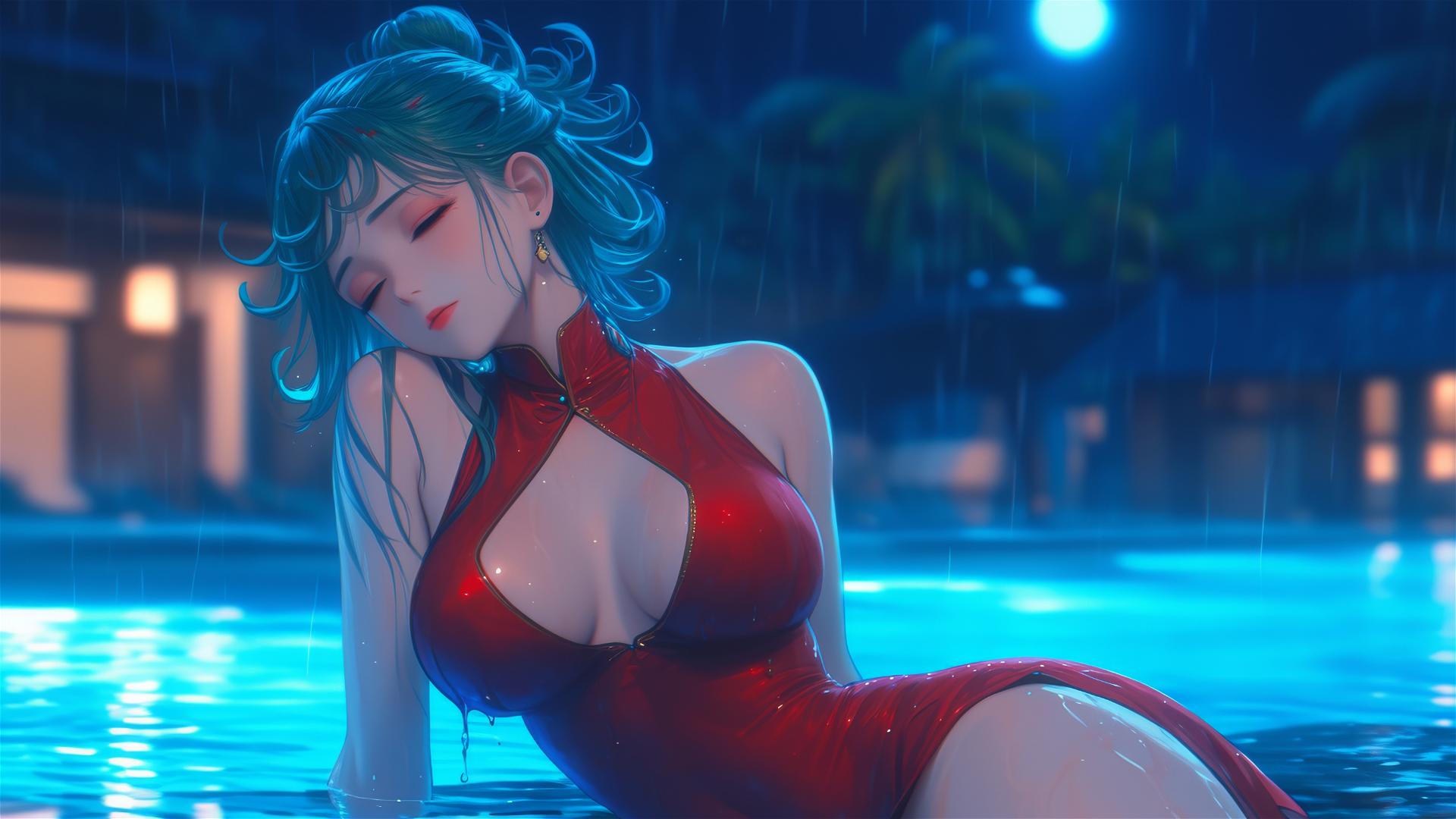 Tatsumaki from One-Punch Man by the pool under moonlight in rain, red dress