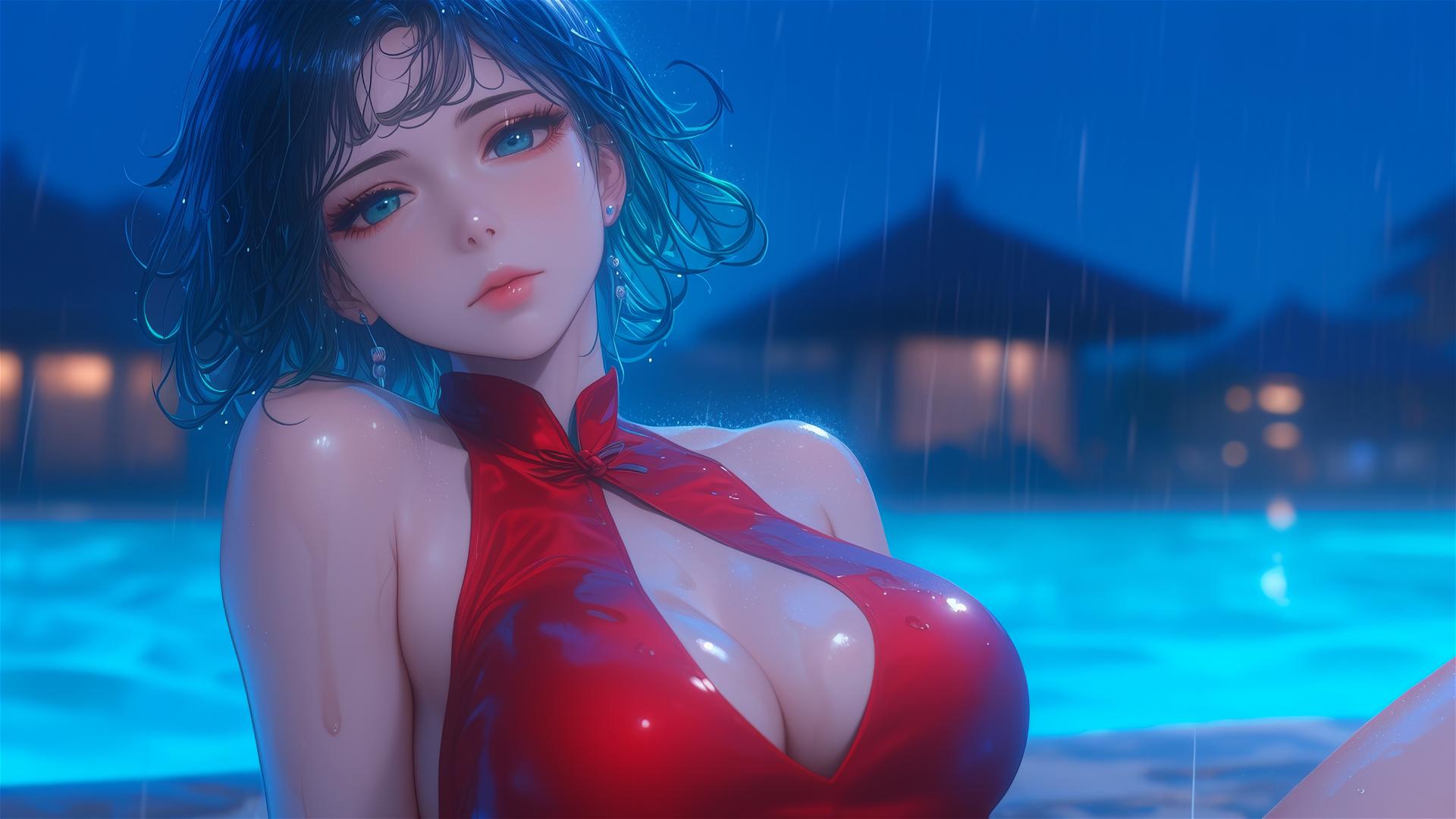 Tatsumaki from One-Punch Man resting by the pool under moonlight, red dress, rainy ambiance