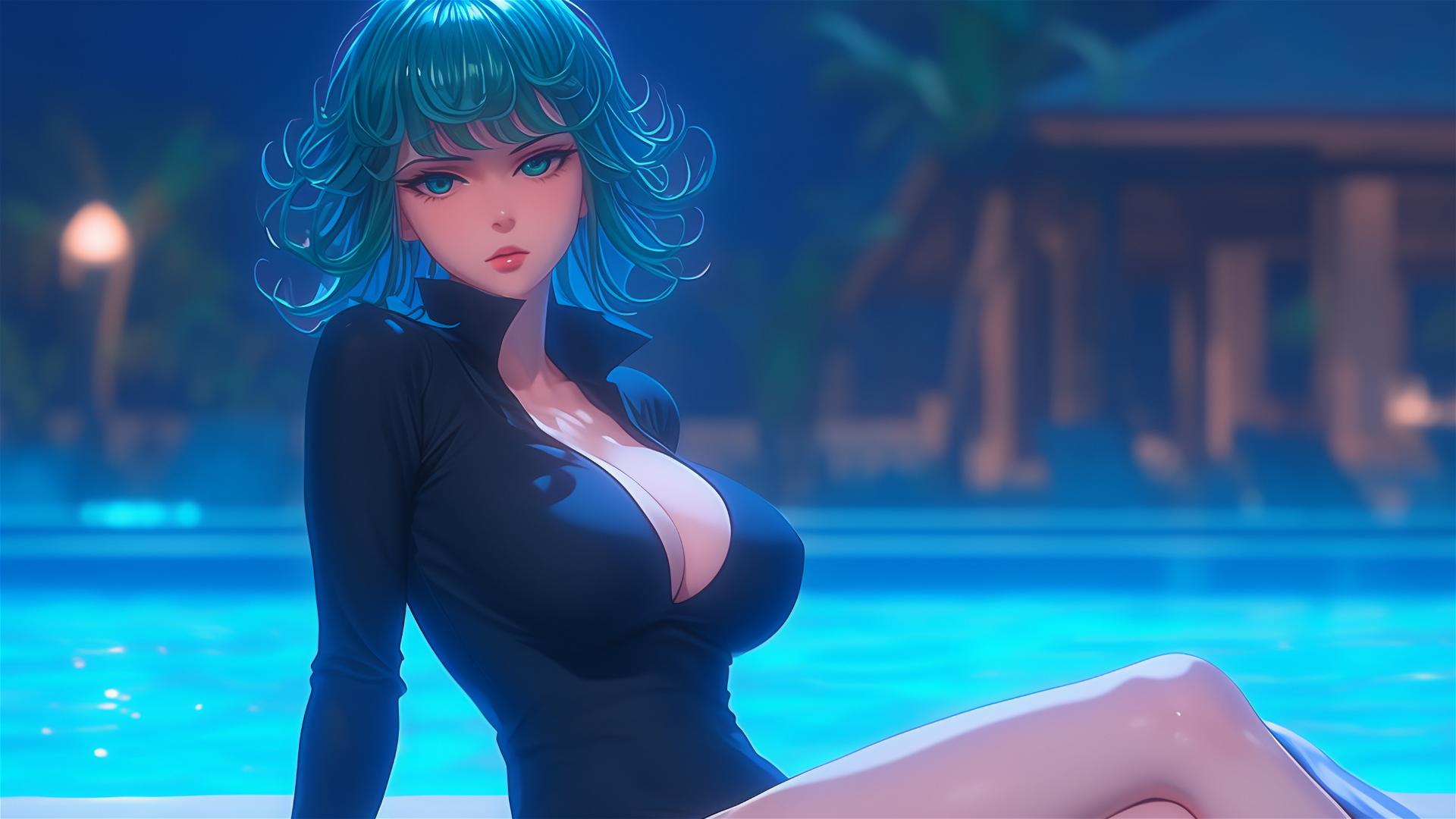 Tatsumaki from One-Punch Man resting by pool under moonlight