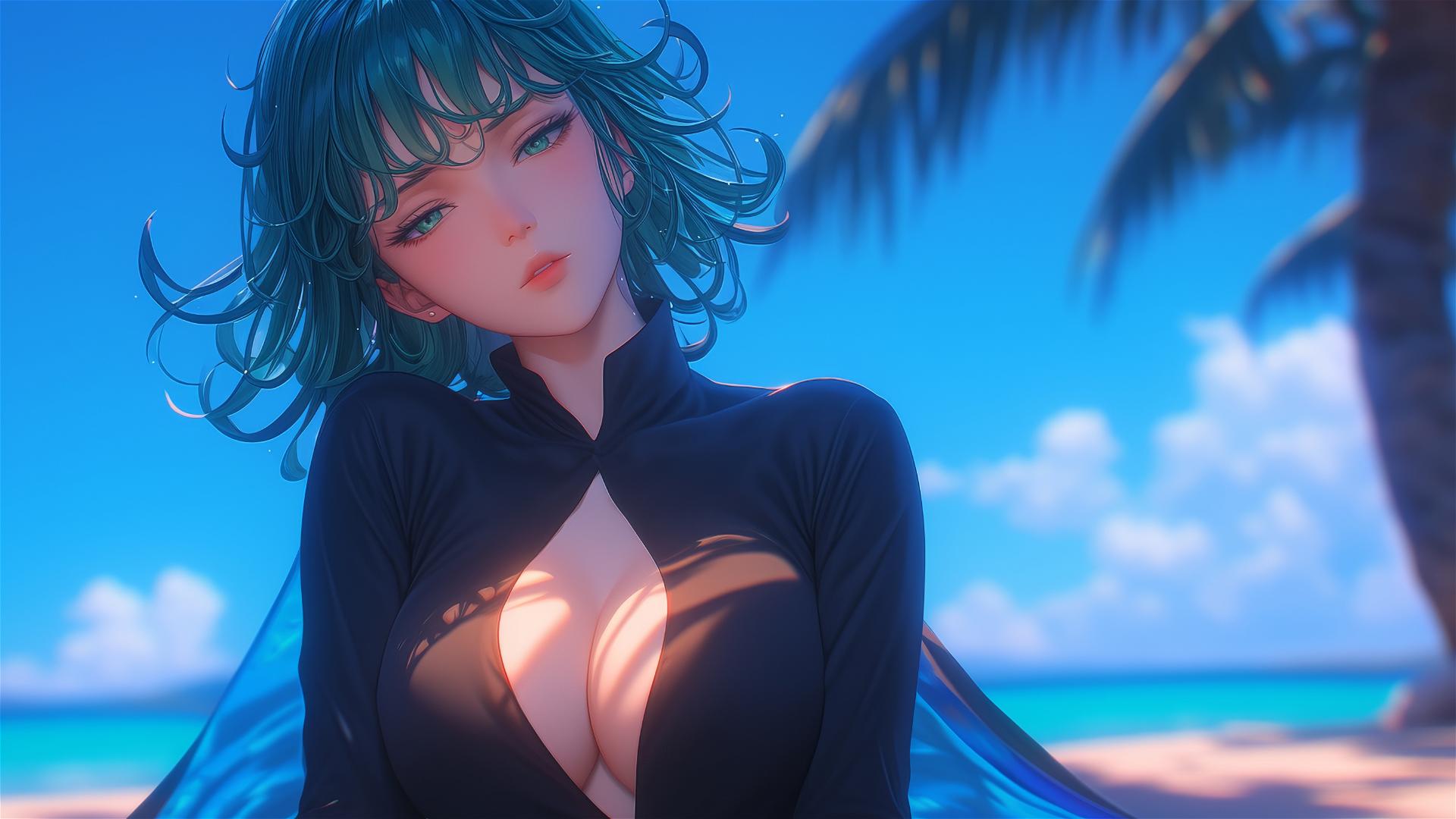 Tatsumaki from One-Punch Man resting by a pool under moonlight