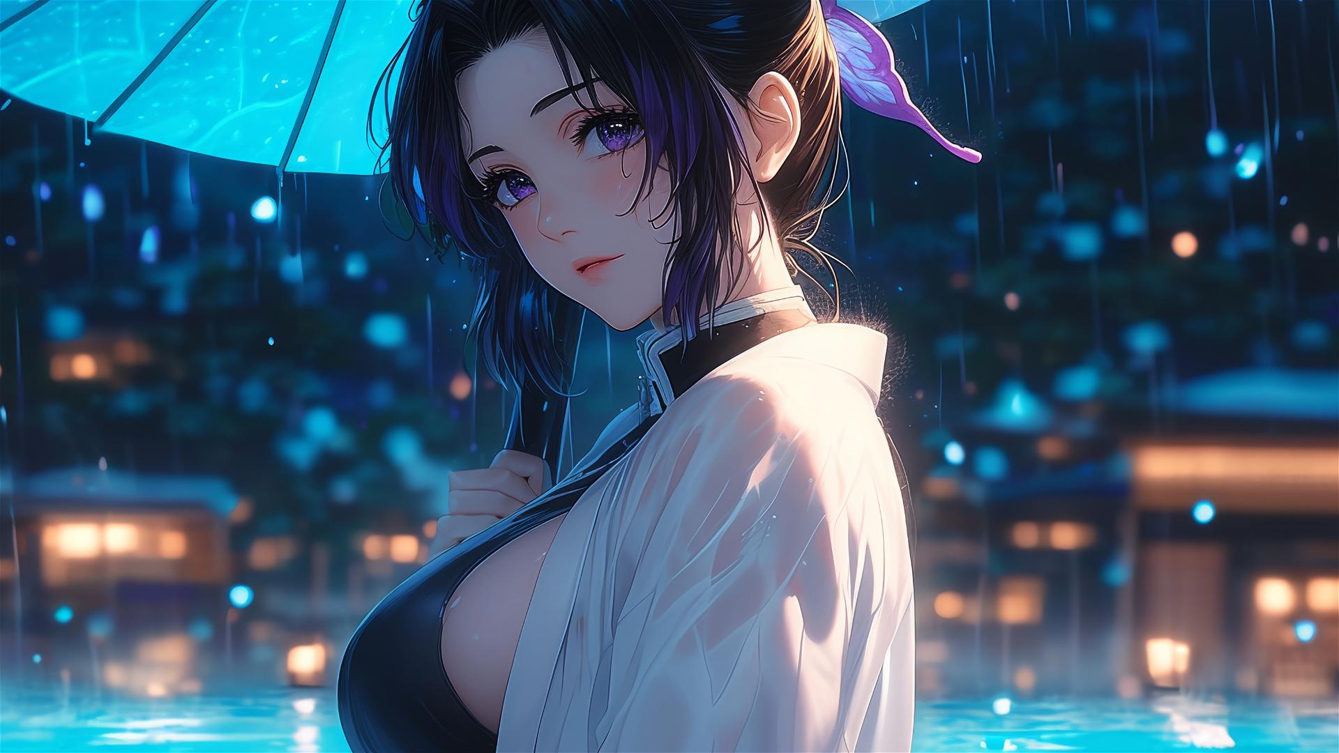 Shinobu Kocho in rainy pool under moonlight