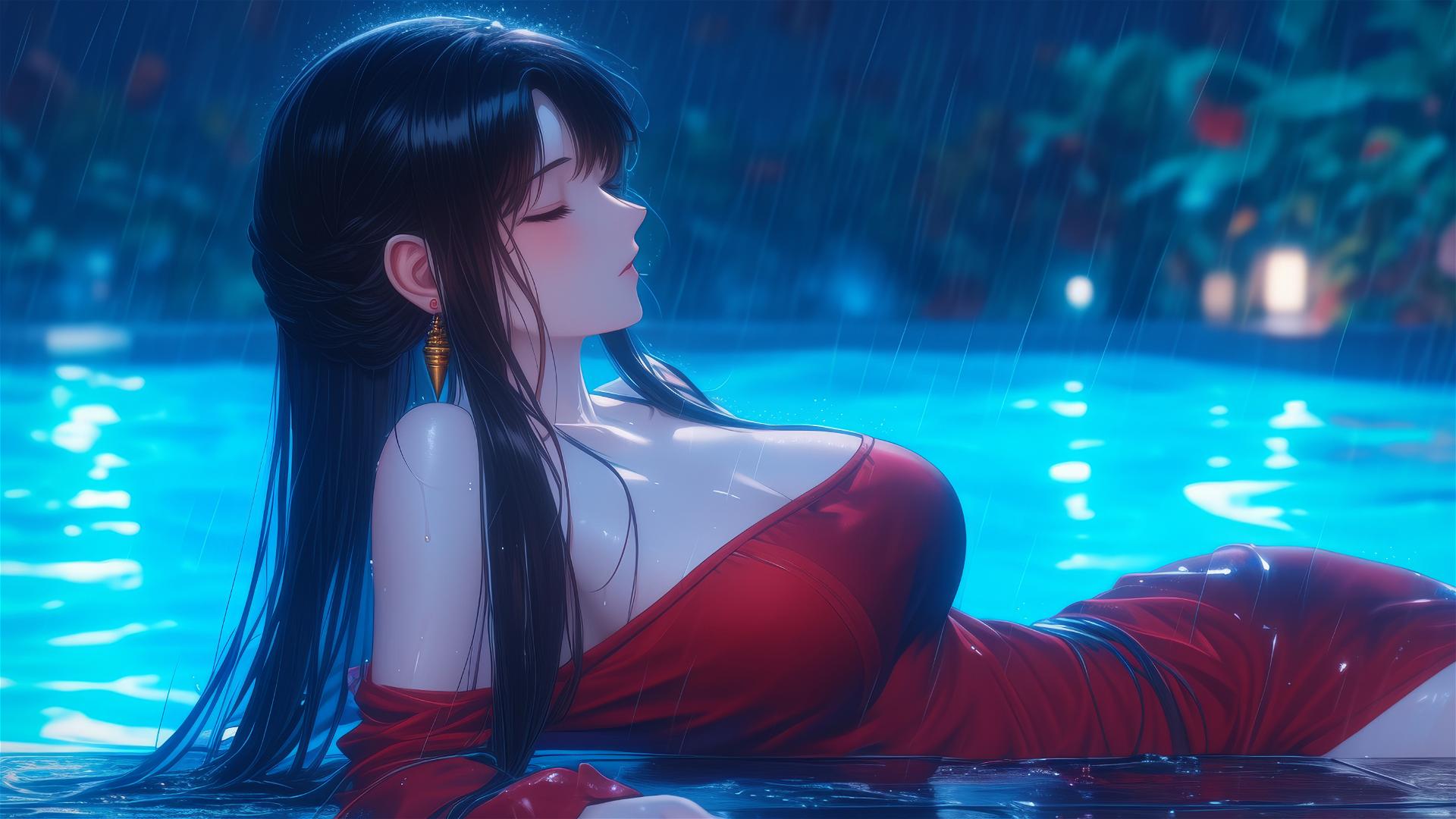 Yor Forger resting by pool in moonlight and rain, red pajamas.