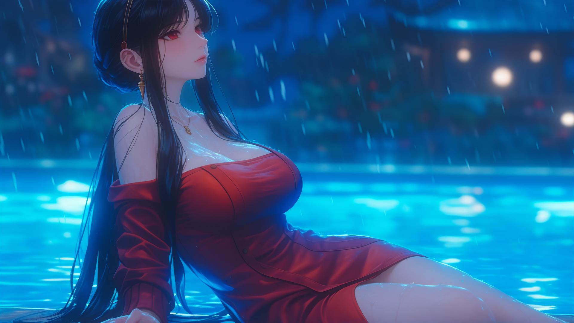 Yor Forger from Spy x Family resting by a pool in the moonlight, wearing red pajamas