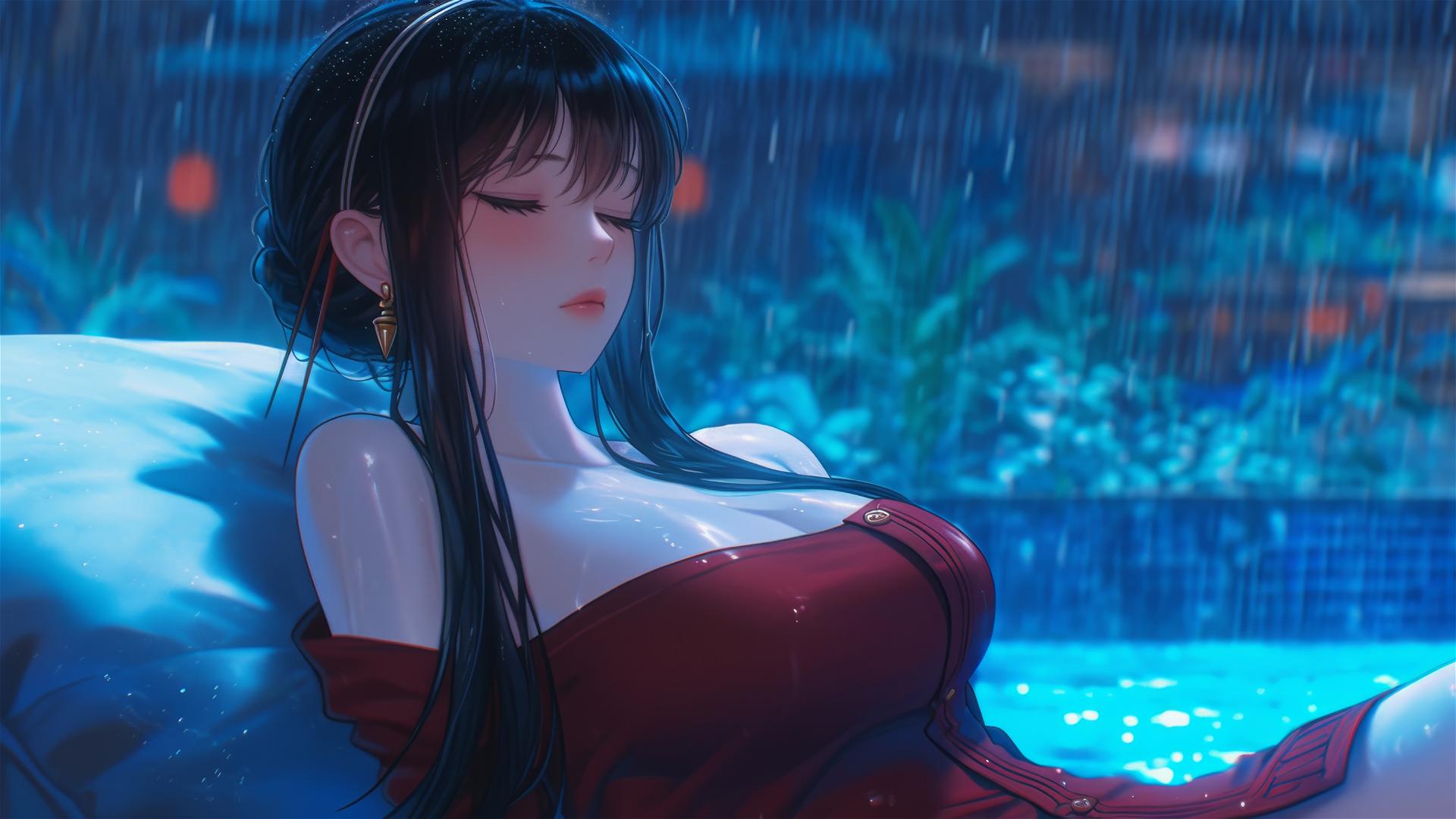Yor Forger resting by a pool under moonlight, wearing red pajamas, with rain.
