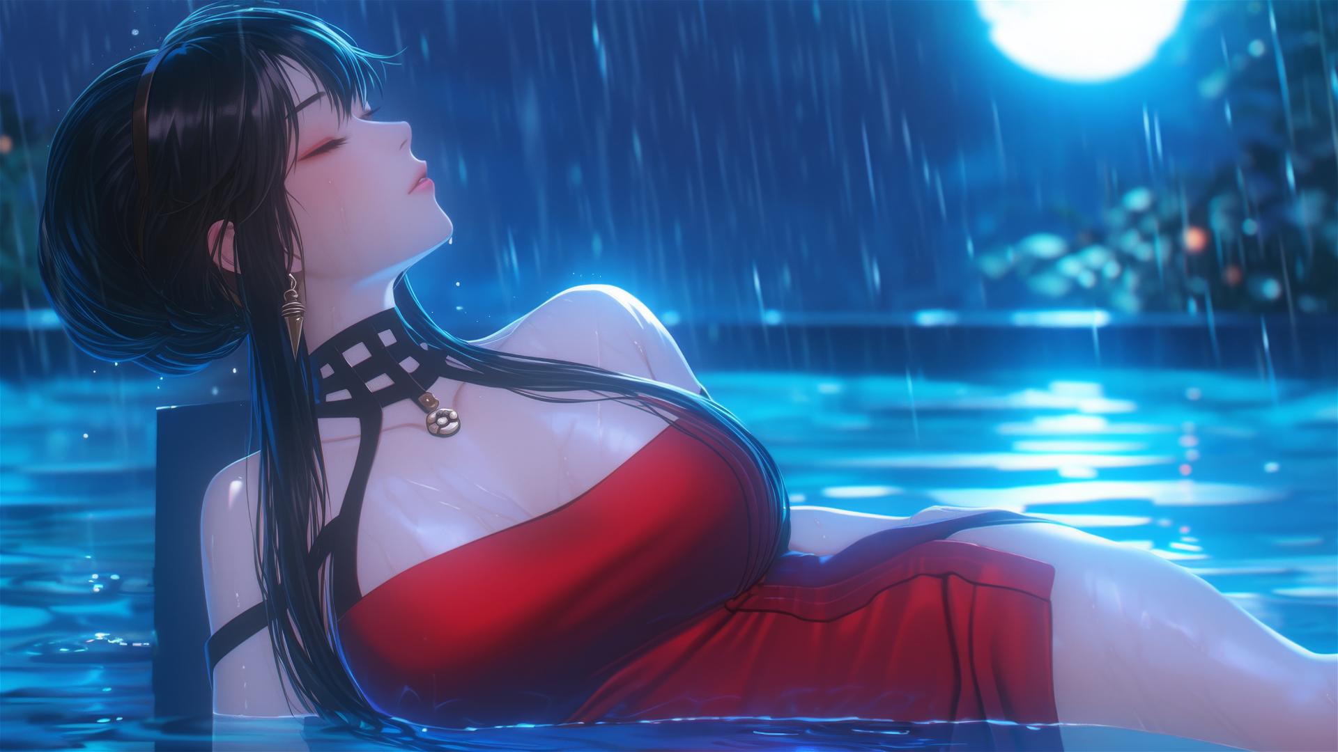 Yor Forger resting by pool in moonlight, rainy scene, red pajamas