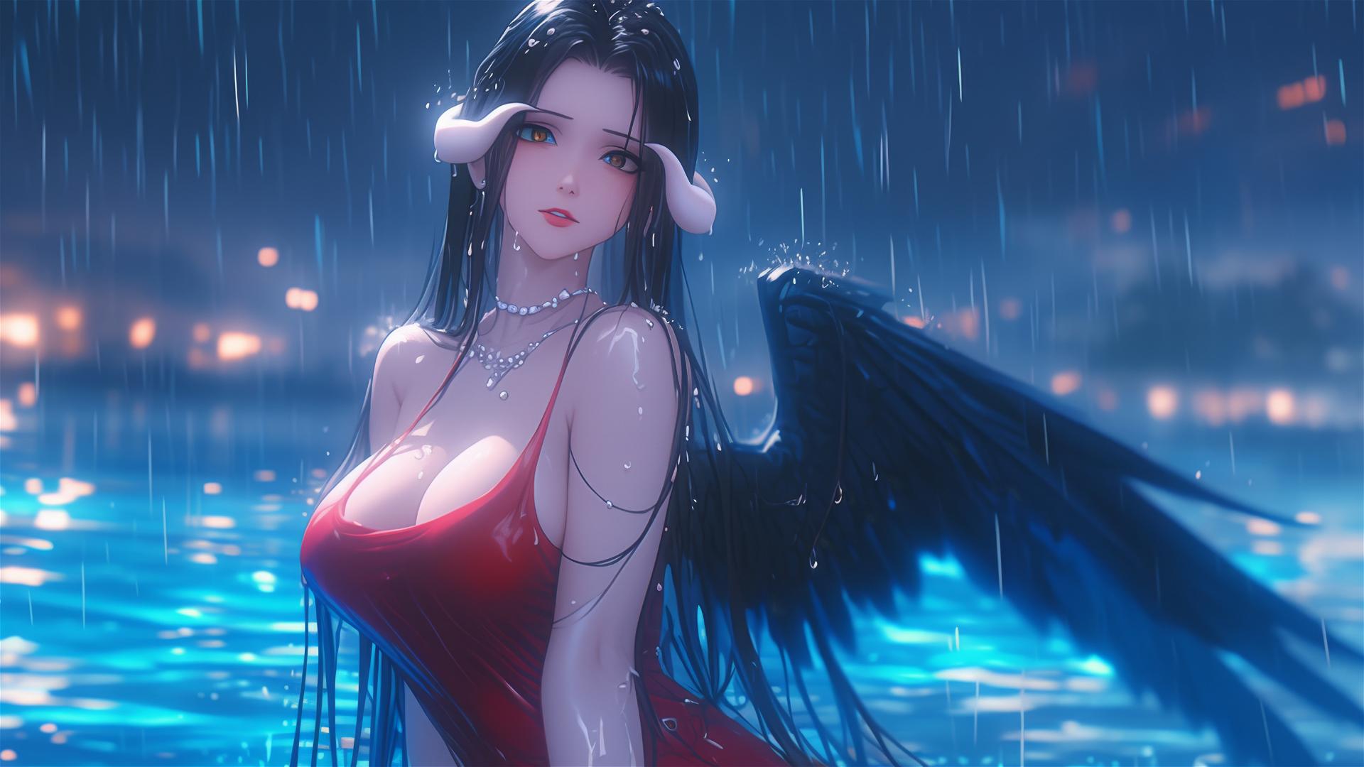 Albedo from Overlord standing in a pool under the moonlit rain, in a red dress