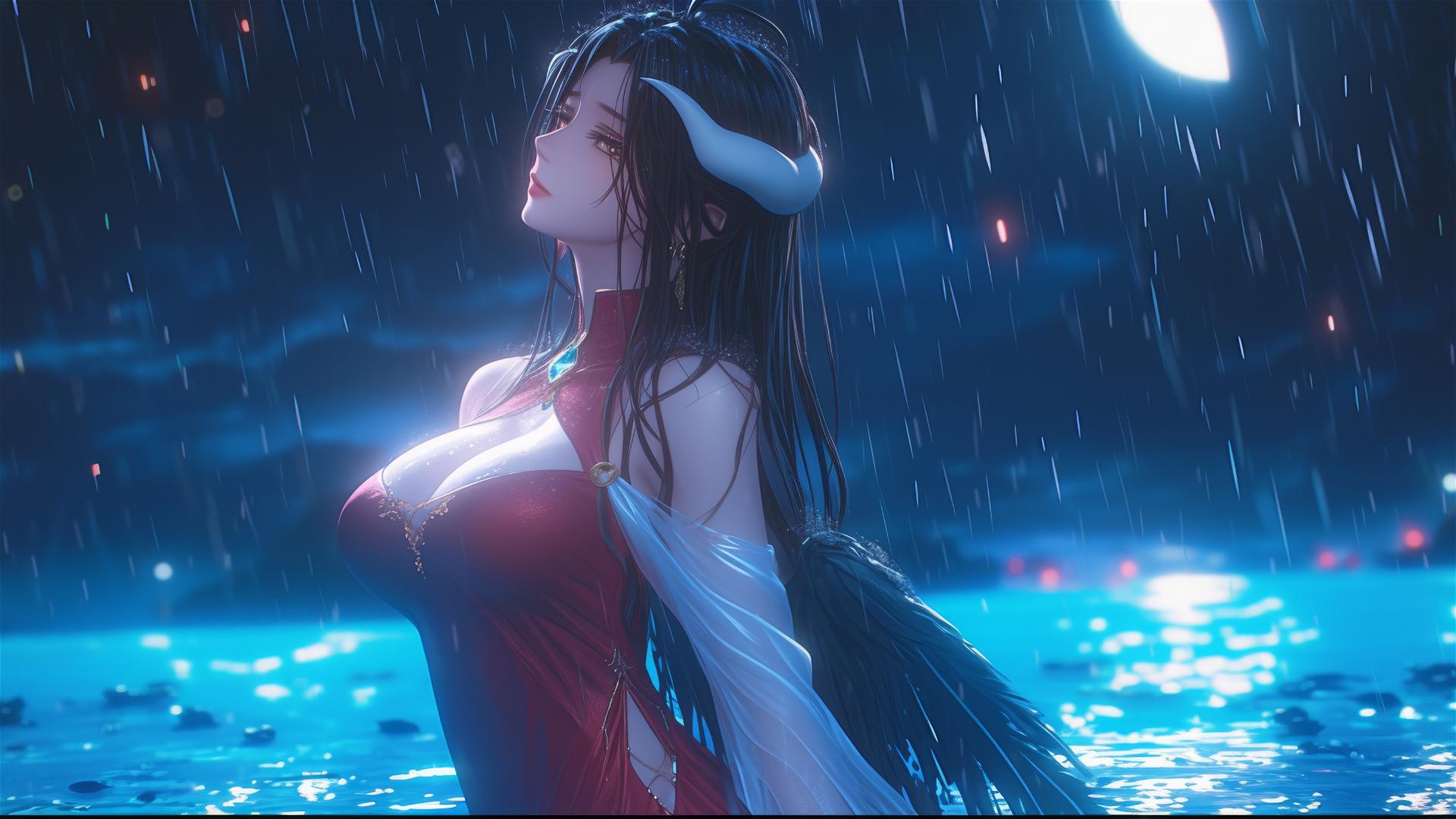 Albedo from Overlord standing in a pool under moonlight in the rain