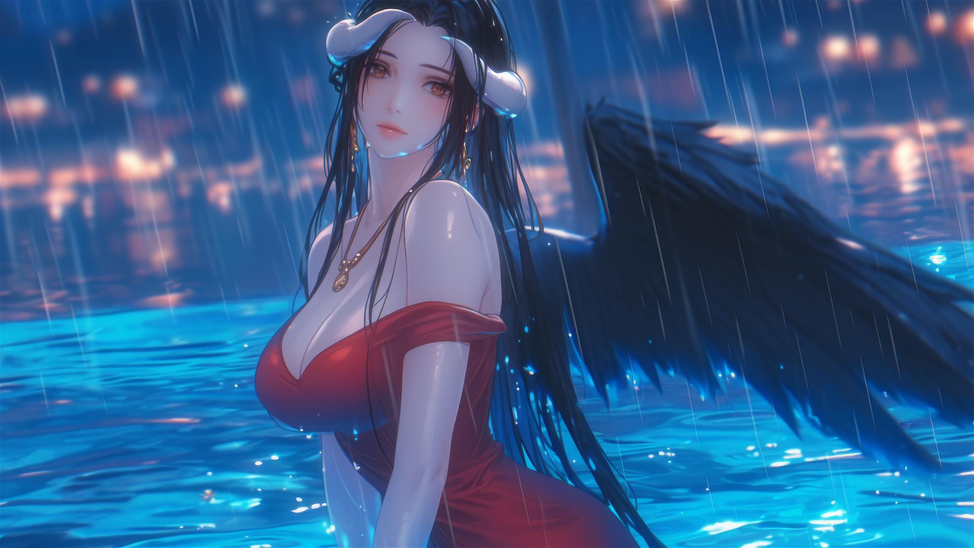 Albedo from Overlord standing in a rainy pool illuminated by moonlight, wearing a red dress