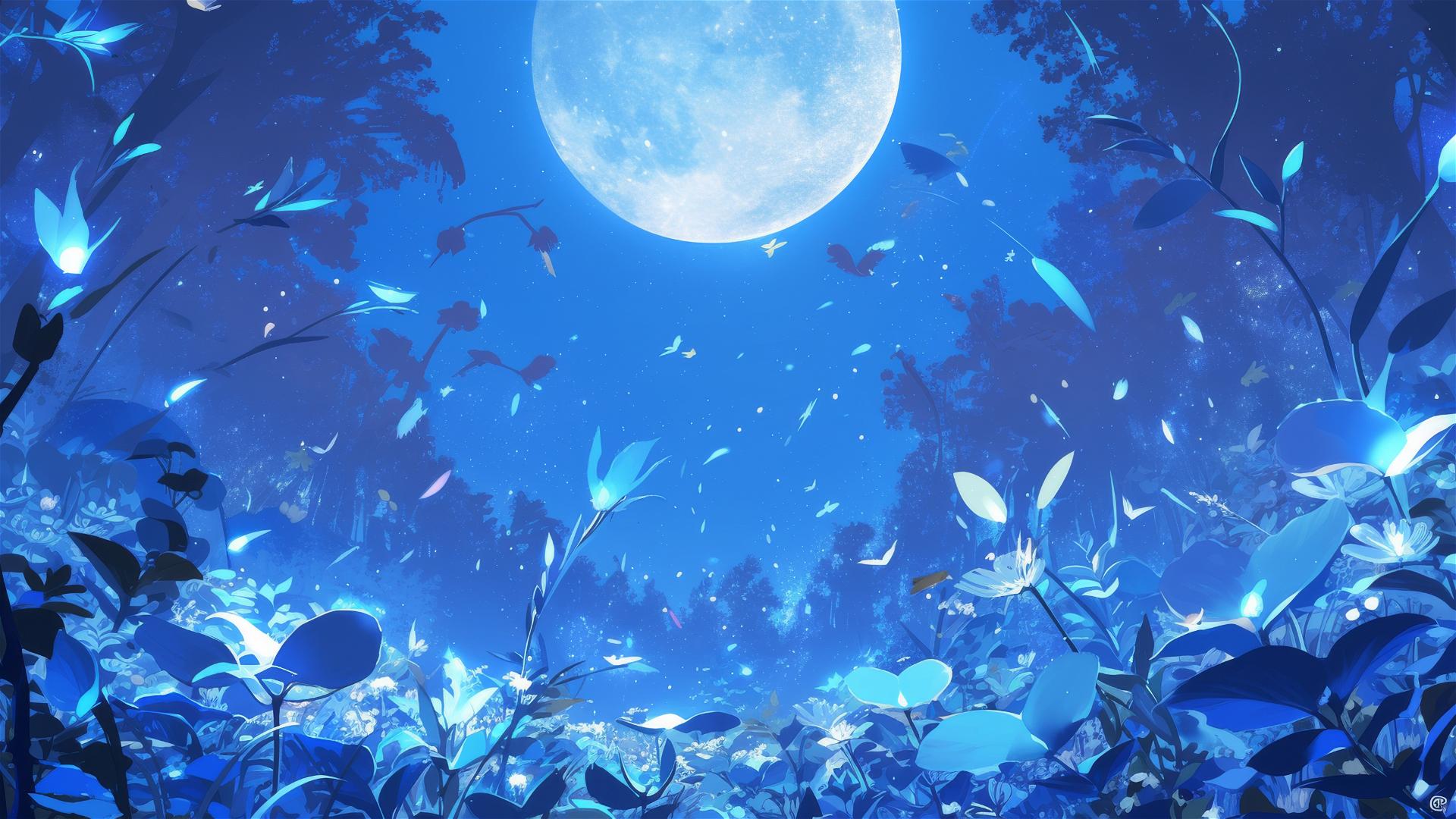 Enchanted forest at night with glowing plants and spirits under starry sky