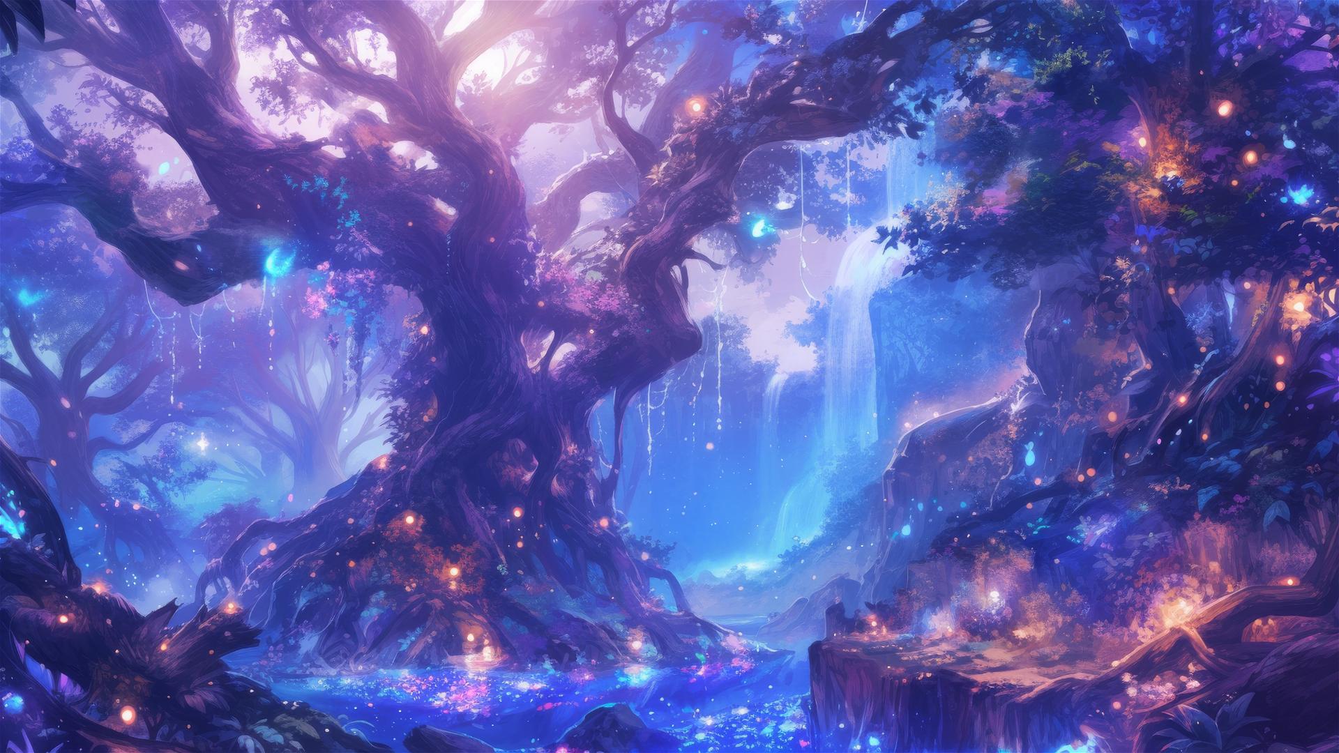 Ethereal spirits and glowing plants in an enchanted forest