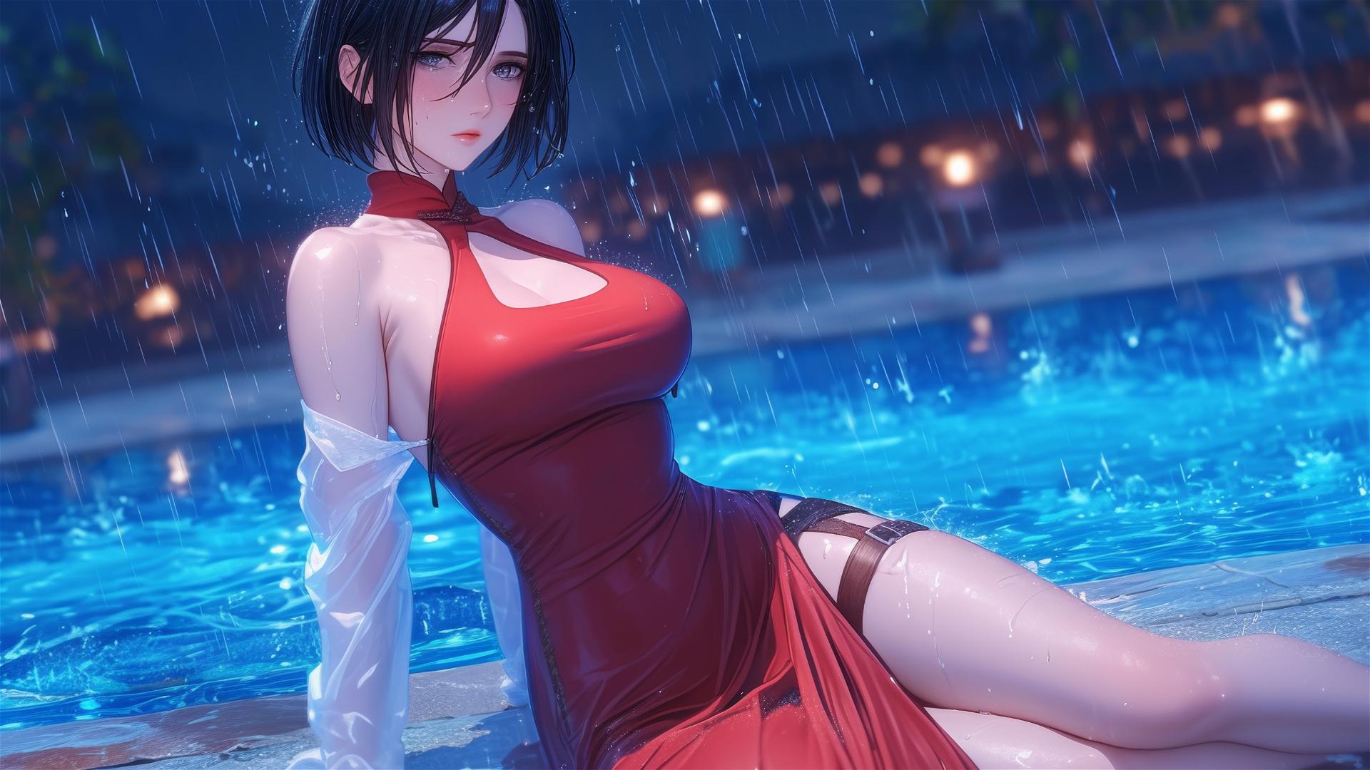 Mikasa Ackerman standing in rainy pool with moon glow in red dress