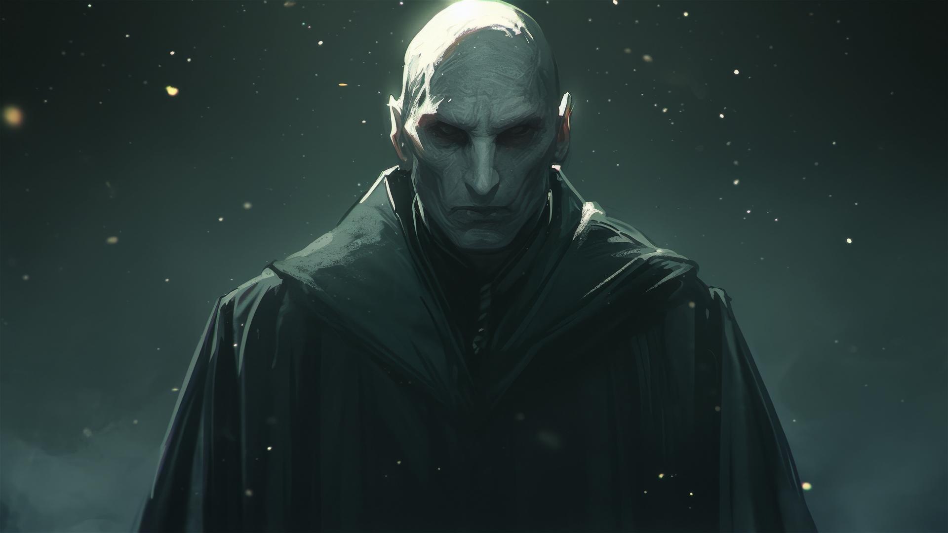 Lord Voldemort in spotlight with dark Harry Potter film style background