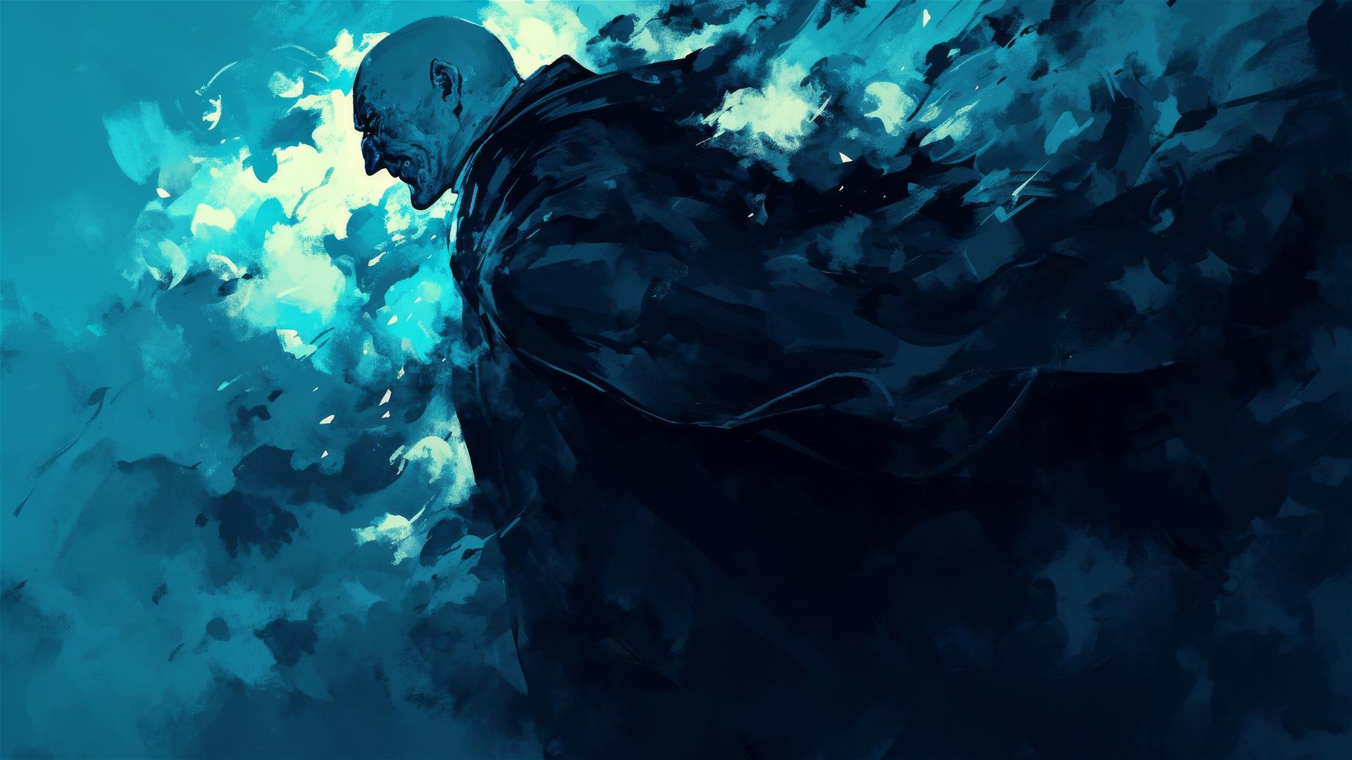 Artistic drawing of a wizard akin to Lord Voldemort with a dark background and spotlight effect.