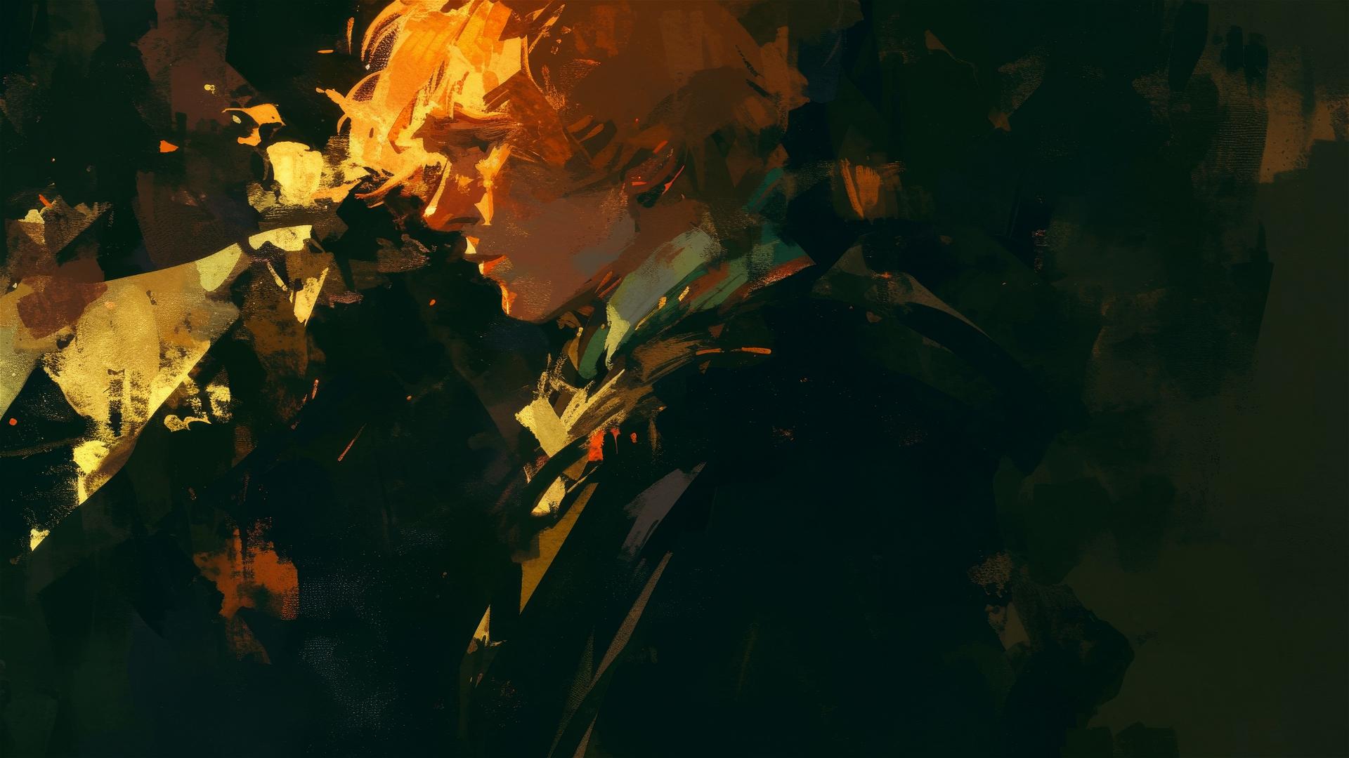 Artistic illustration of Ron Weasley with dark background and spotlight