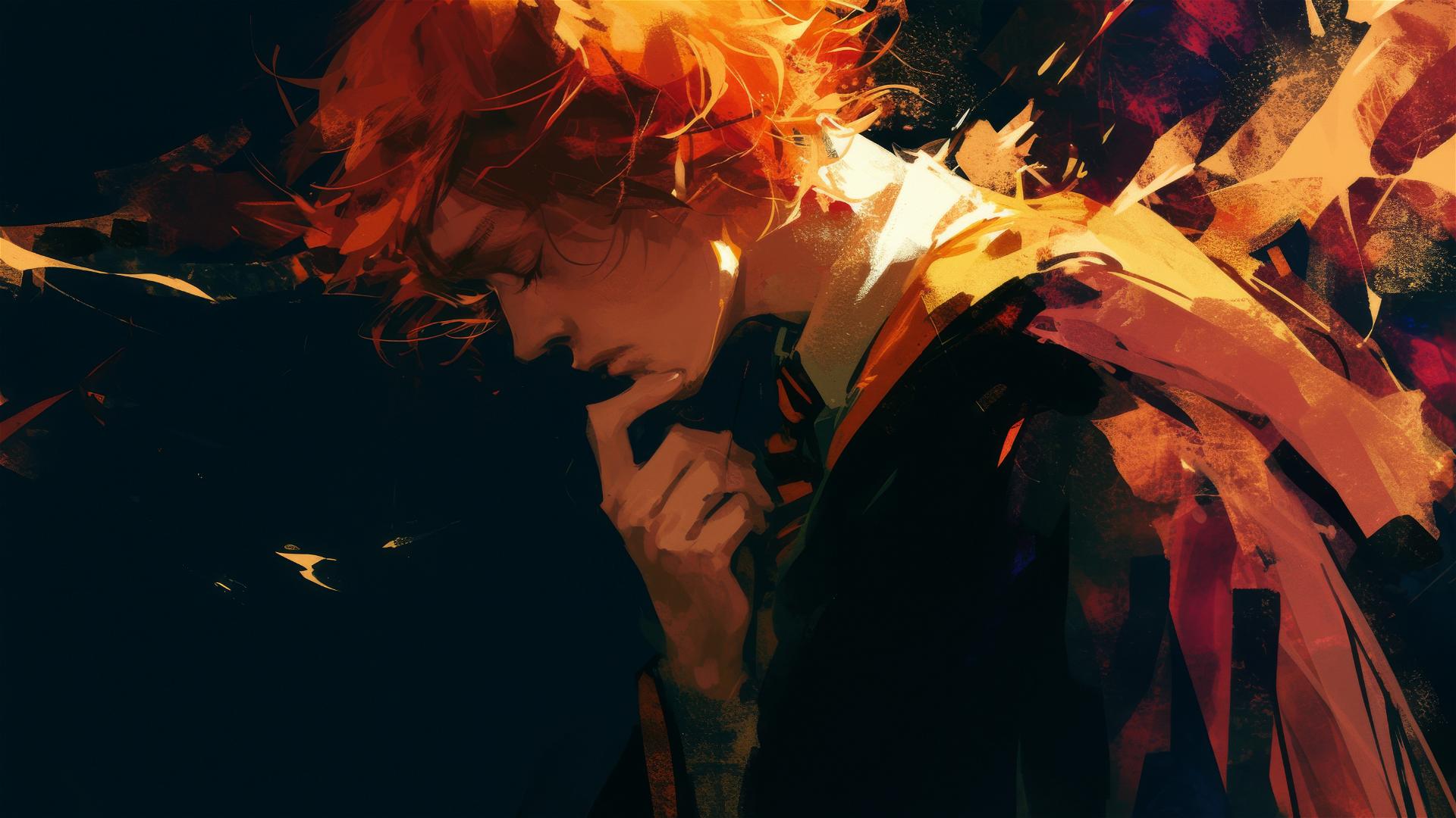 Artistic depiction of Ron Weasley with red hair in a spotlight on a dark background