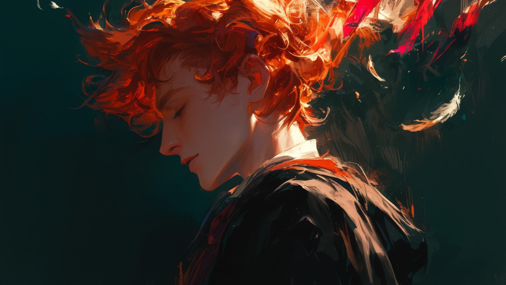 Artistic rendering of Ron Weasley with spotlight effect on dark background